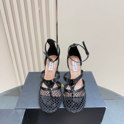 Alaia Fishnet Thong Heels Sandals Black Lambskin 299658