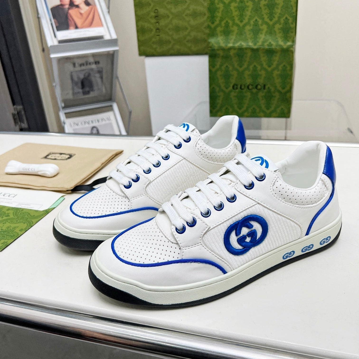 GG Men's Mac80 Sneaker White Blue Cowhide 539528