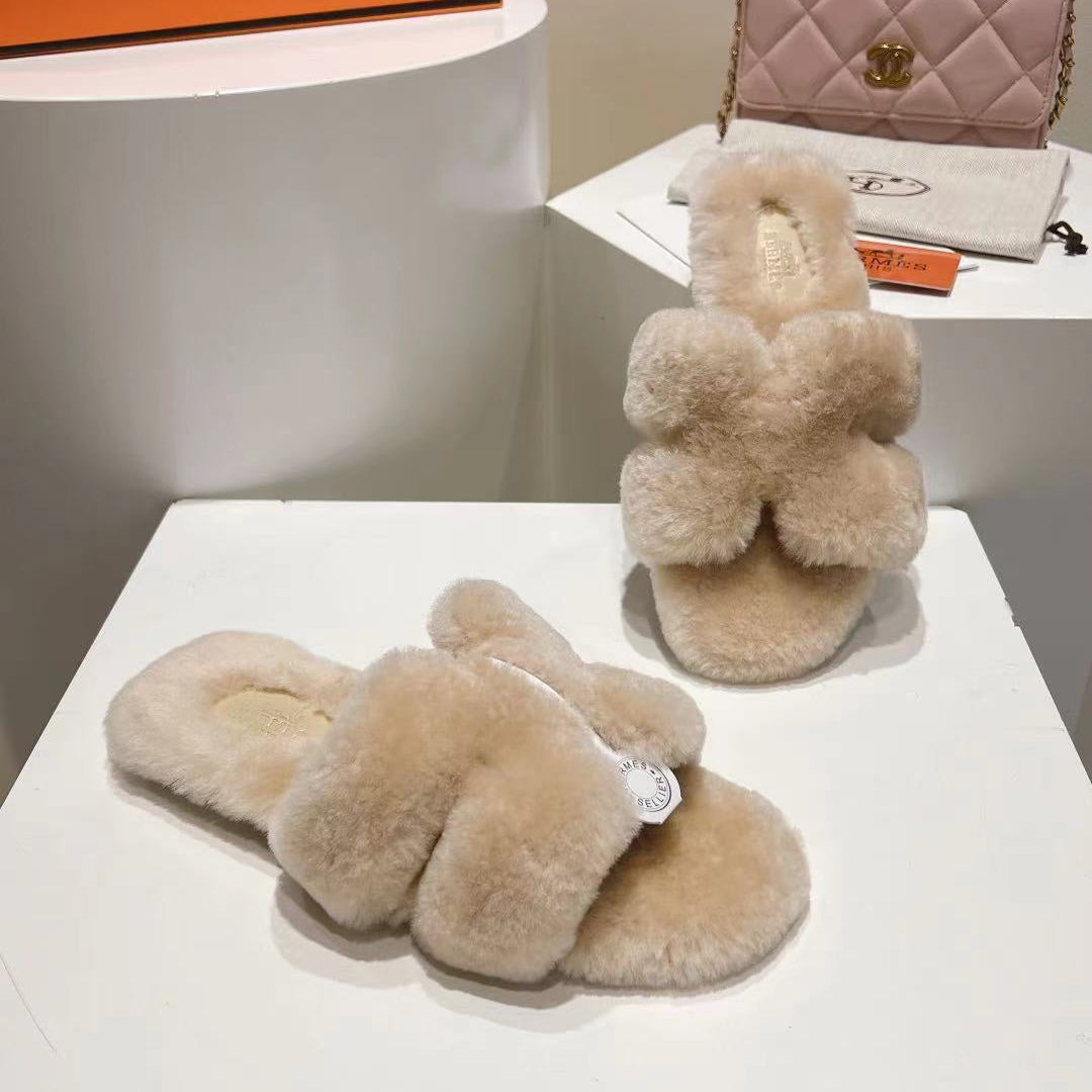 Hermes Oran Sandal Beige Sheep Fur 406993