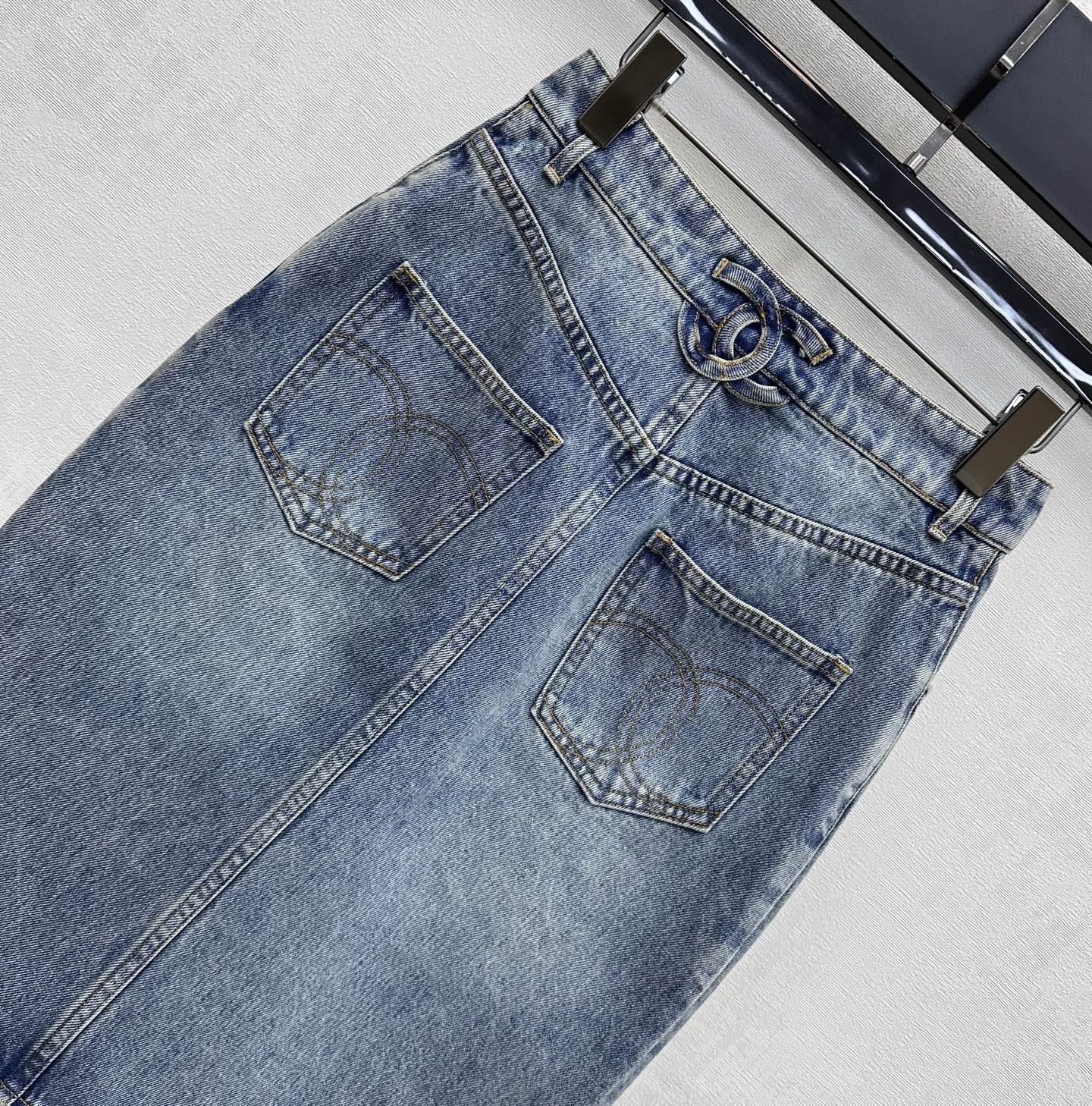 Chanel 2026 Patchwork Denim Midi Skirt Blue Cotton 363947