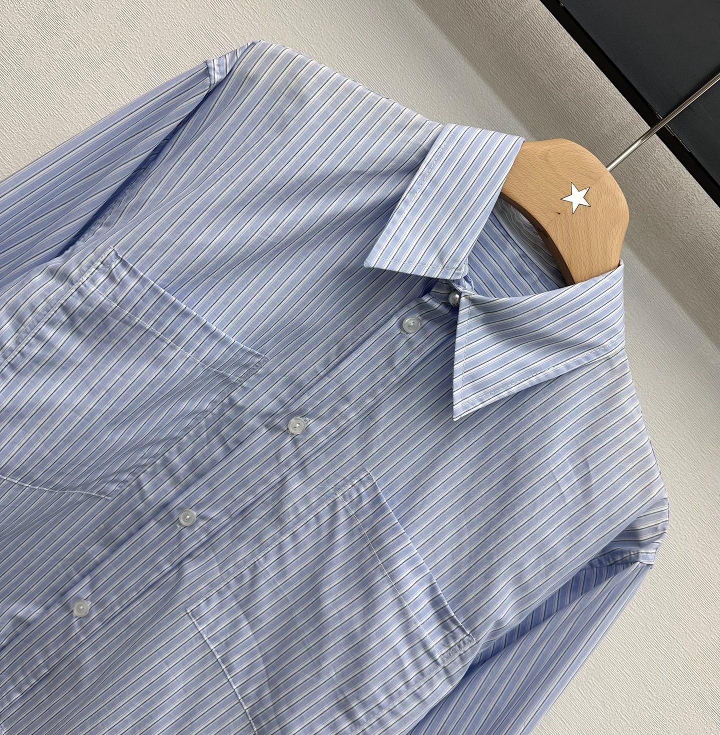 Chanel 2026 Pearl Button Chain Trim Short Shirt Blue Cotton 206642