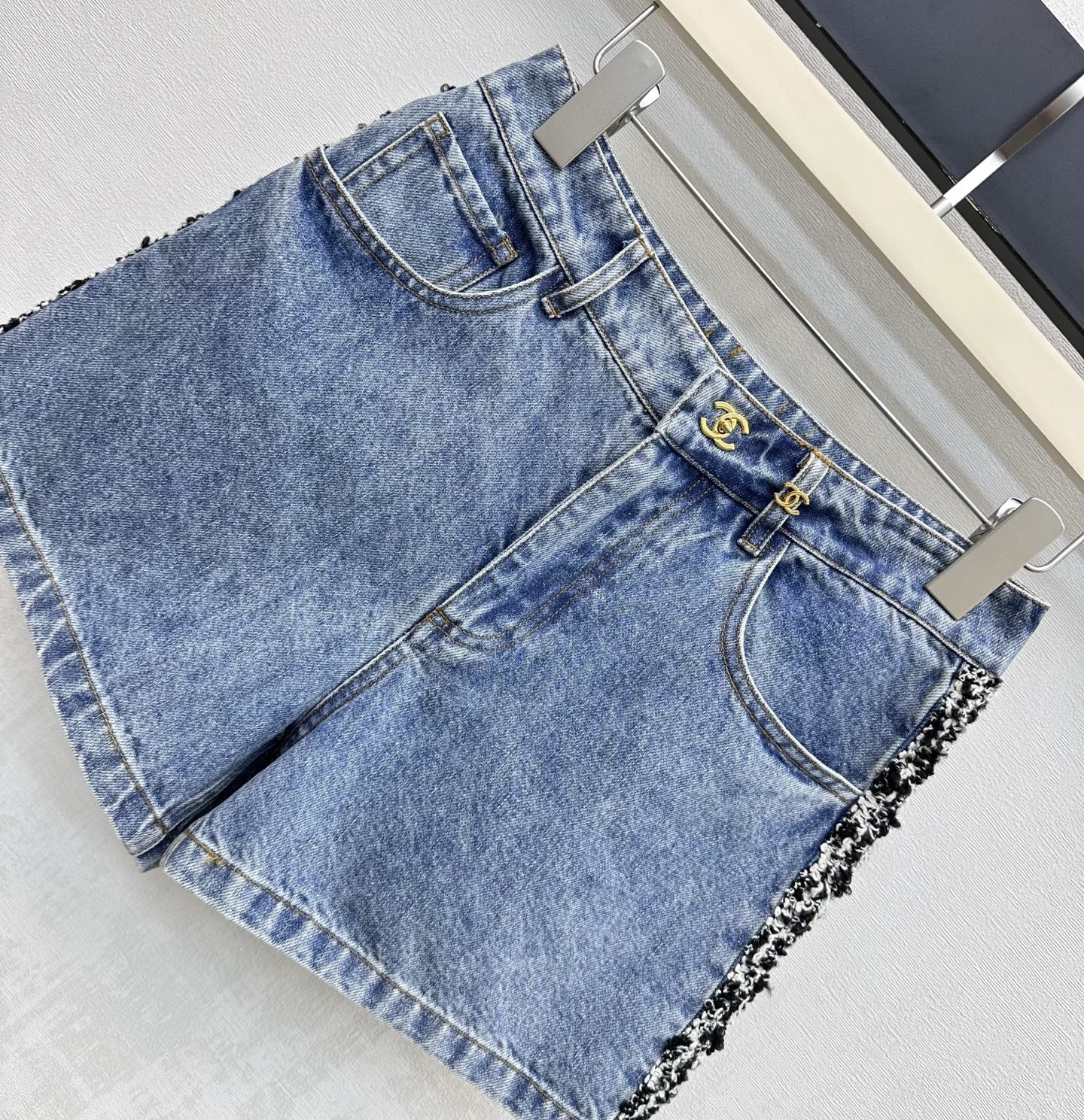 Chanel 2026 Patchwork and Hemmed Denim Shorts Blue Cotton 239252