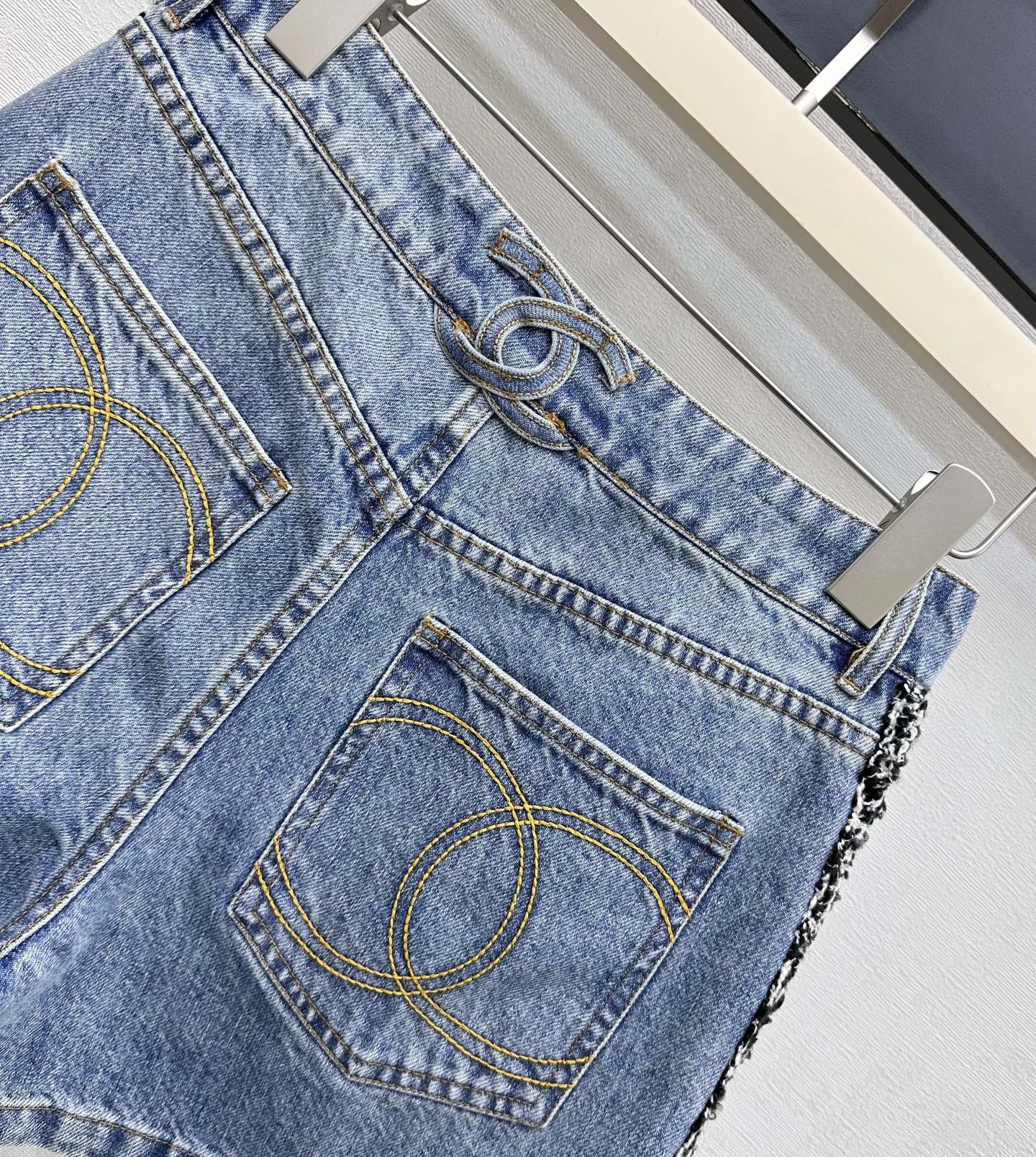 Chanel 2026 Patchwork and Hemmed Denim Shorts Blue Cotton 239252