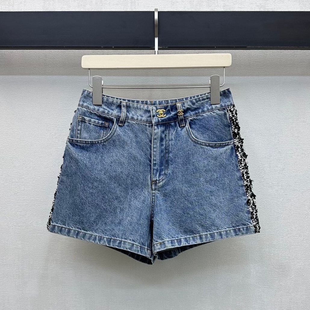 Chanel 2026 Patchwork and Hemmed Denim Shorts Blue Cotton 239252