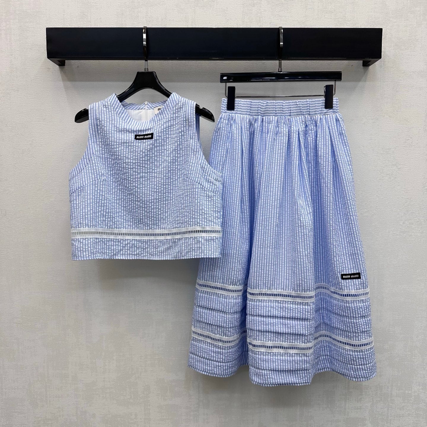Miumiu 2026 Striped Vest And Skirt Set Blue Cotton 558600