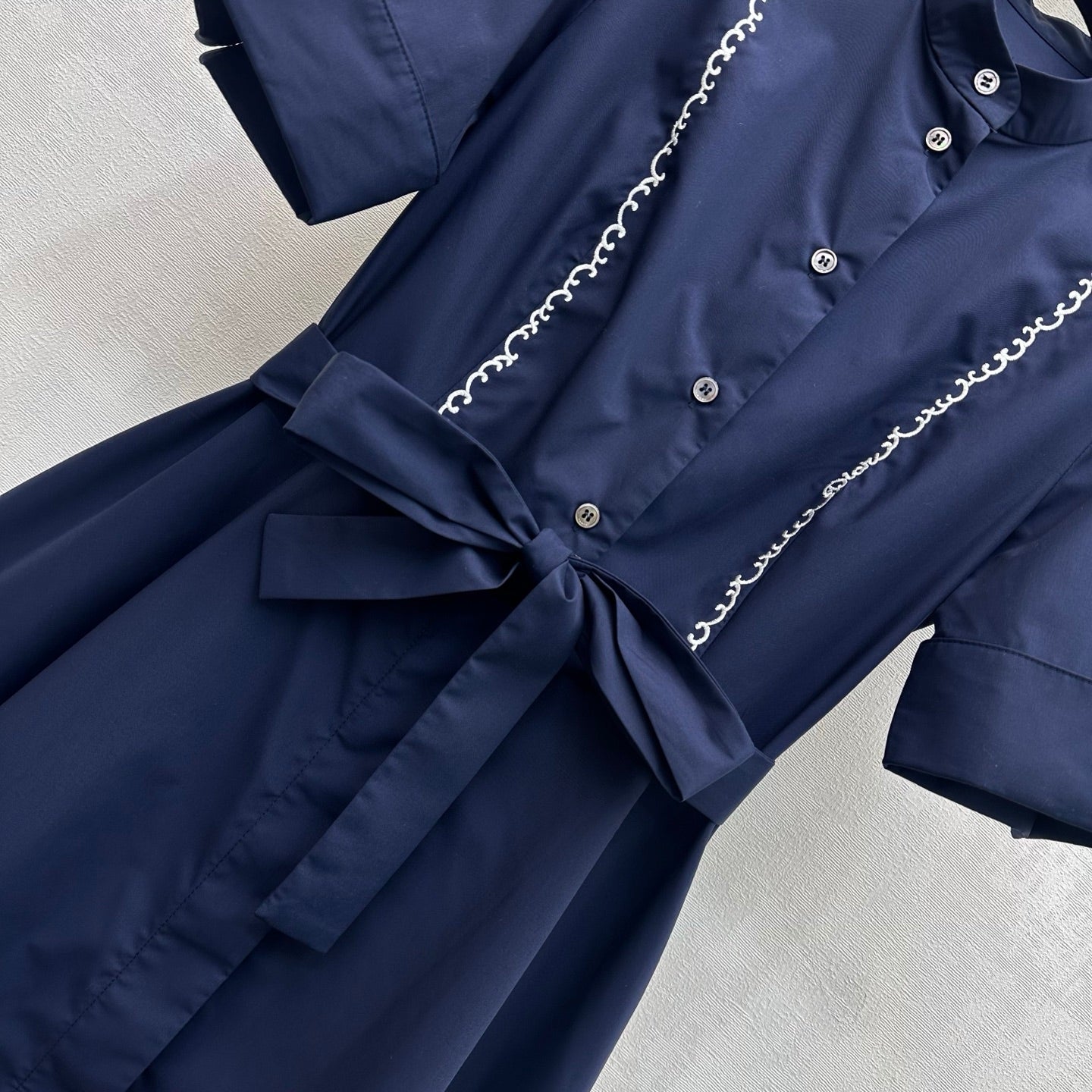 Dior 2026 Wave Embroidery Belt Dress Navy Cotton 627174