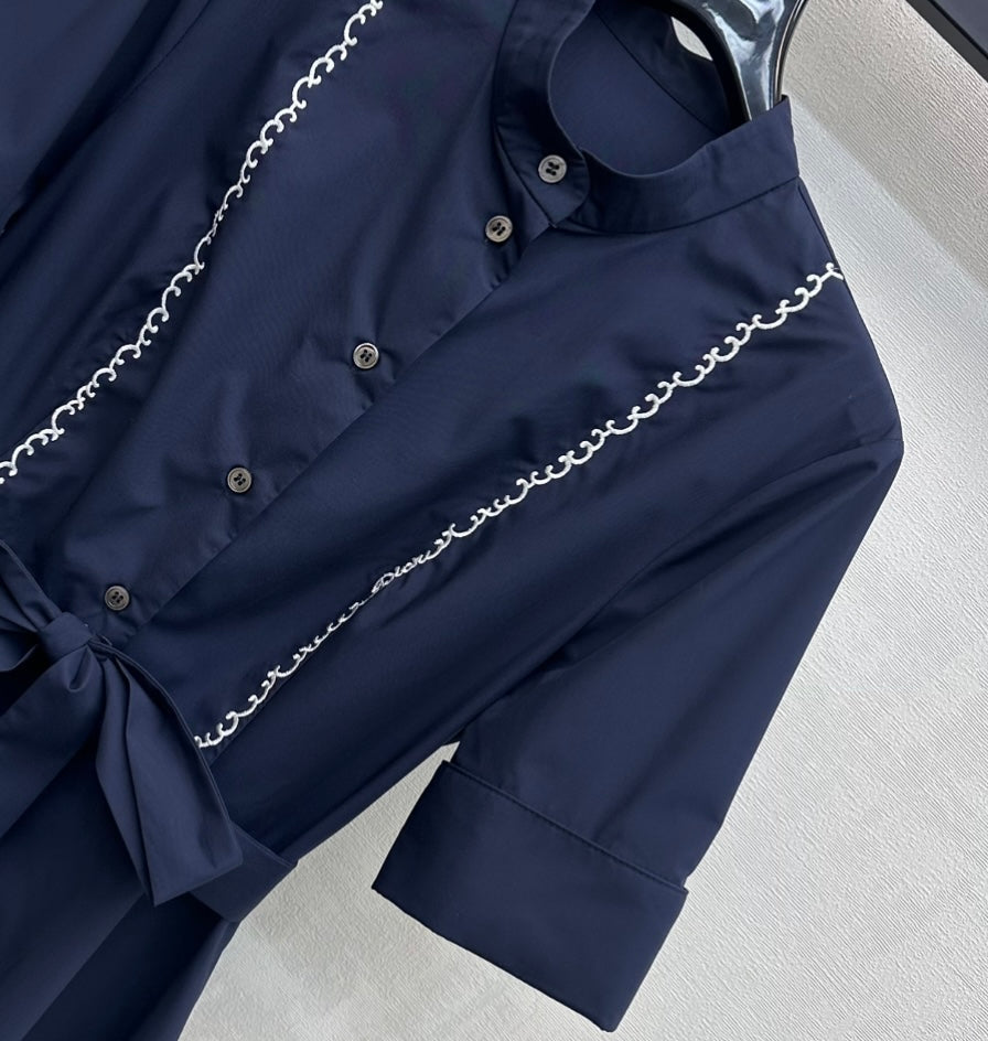 Dior 2026 Wave Embroidery Belt Dress Navy Cotton 627174