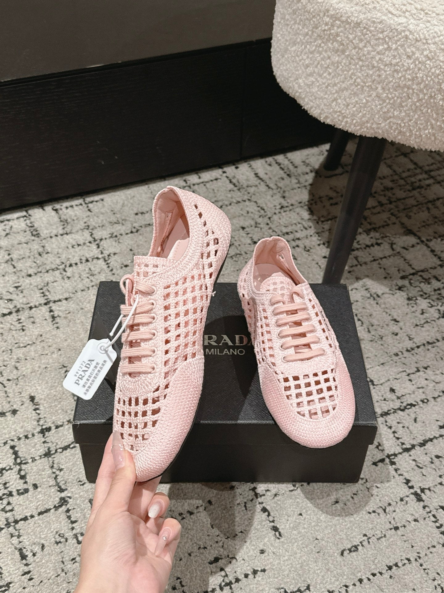 Prada 2026 Women's Collapse Crochet Laced Sneakers Sheepskin 770902