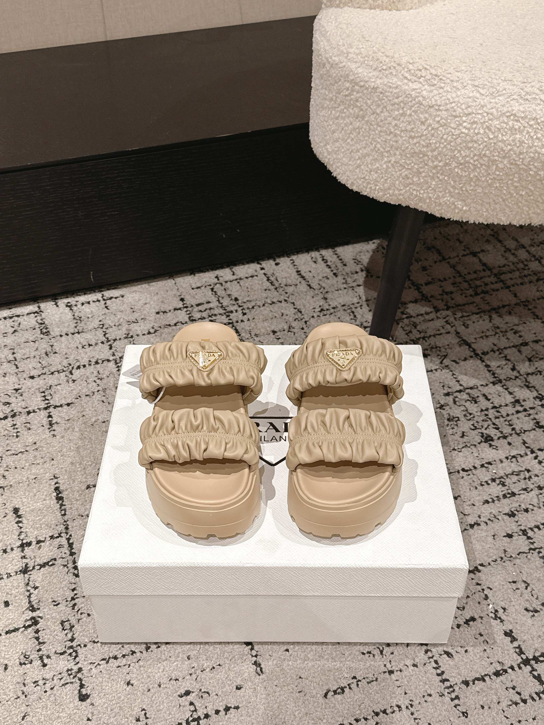 Prada 2026 Pleated Double-Strap Platform Sandals 55mm Sheepskin 771016