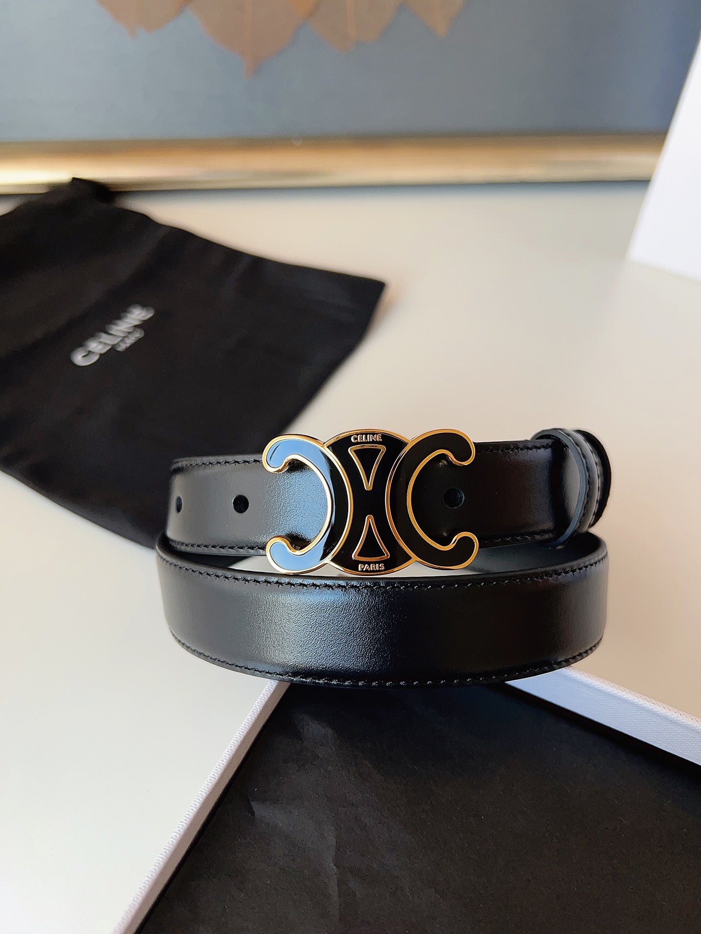 CL Black 25mm Triomphe Enamel Belt Black Cowhide 616414