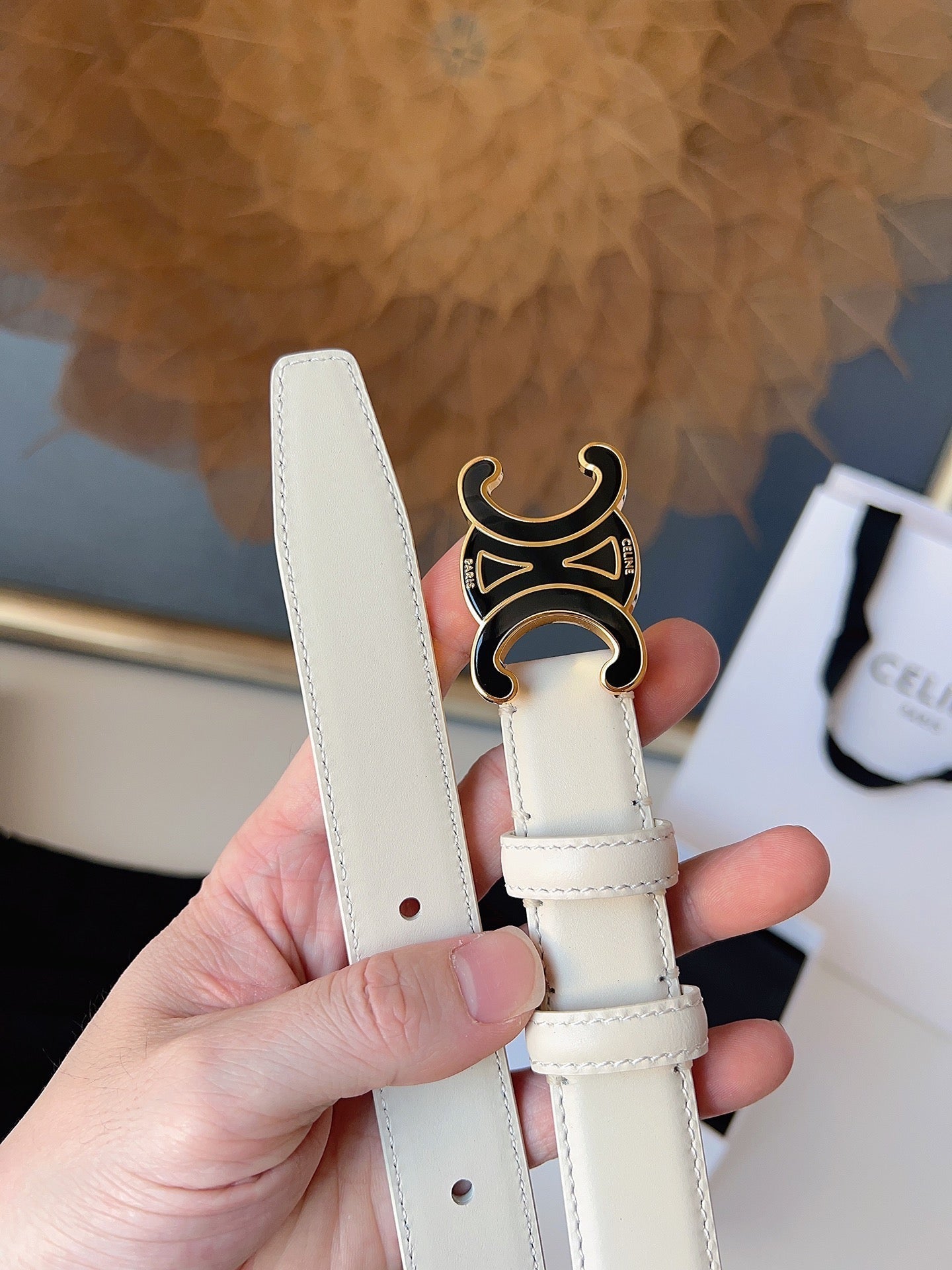 CL Black 25mm Triomphe Enamel Belt White Cowhide 616415