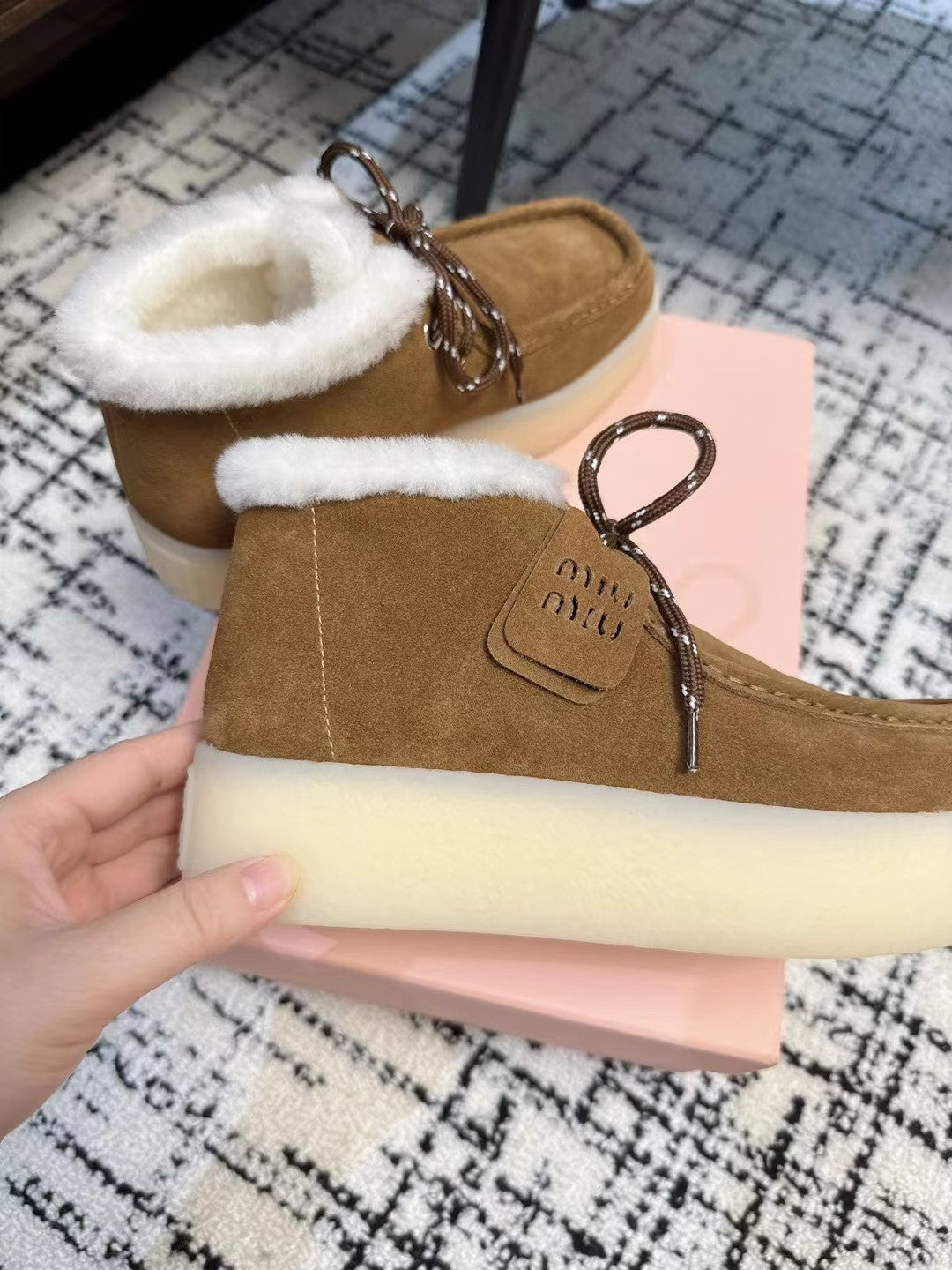 Miu Ankle Boots Cinnamon Brown Fleece Lining Cow Suede