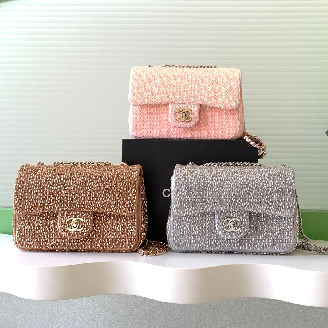 Chanel 2026 Flap Bag 21cm Tweed Leather With Tubular Beads