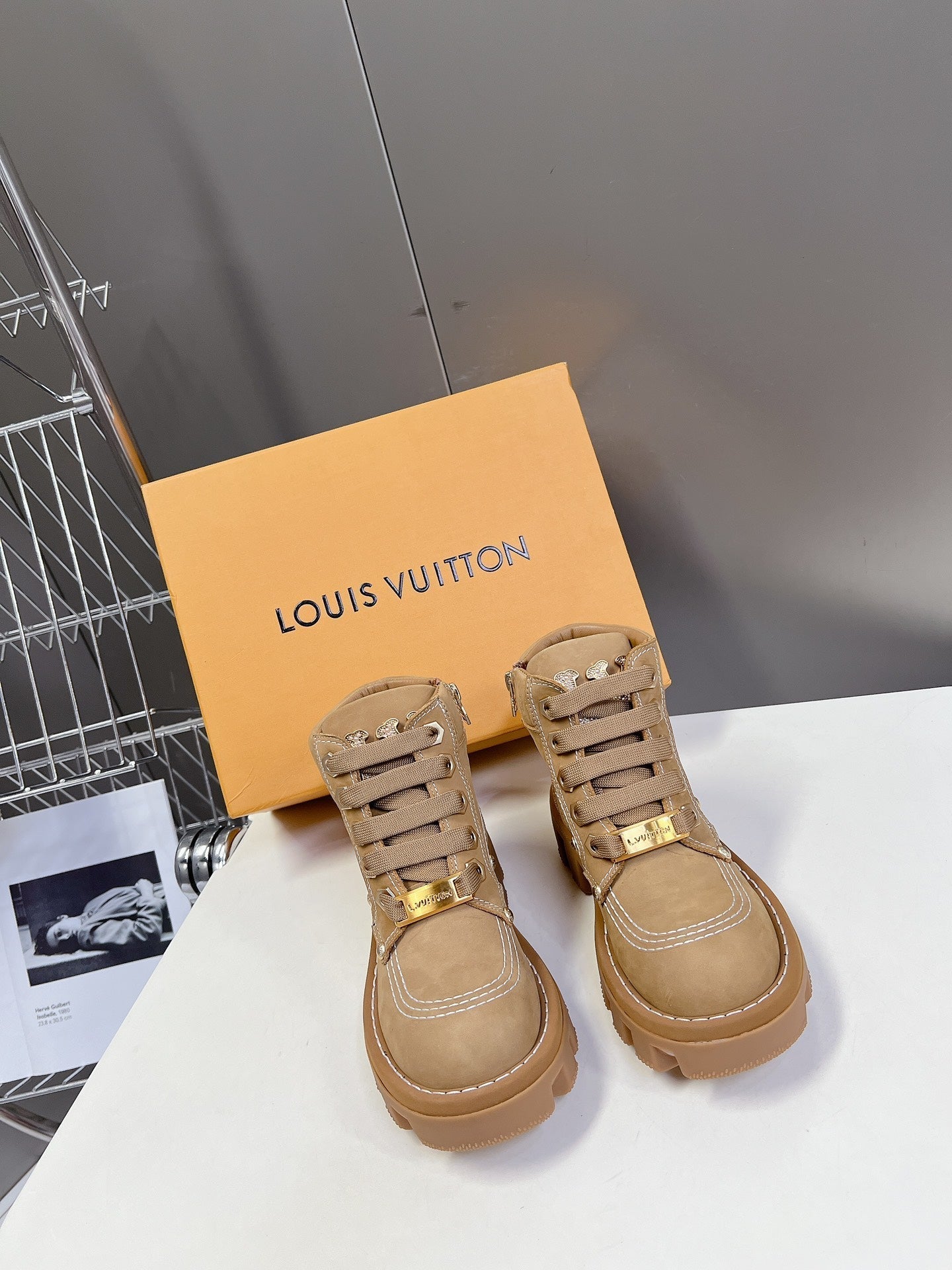 LV Checker Ankle Boots Brown Suede