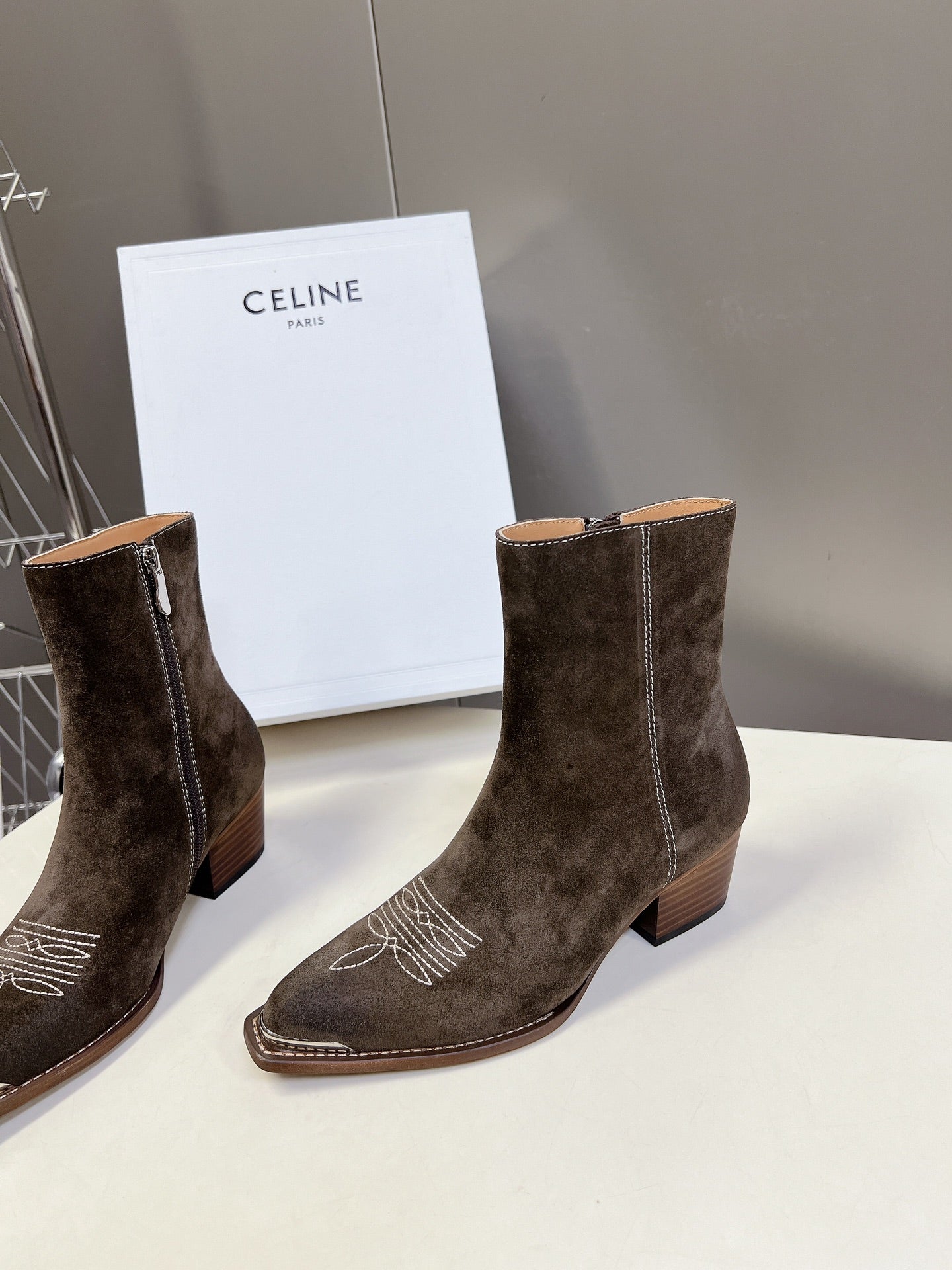CELINE 25 Cowboy Boots Dark  Brown Suede 434417