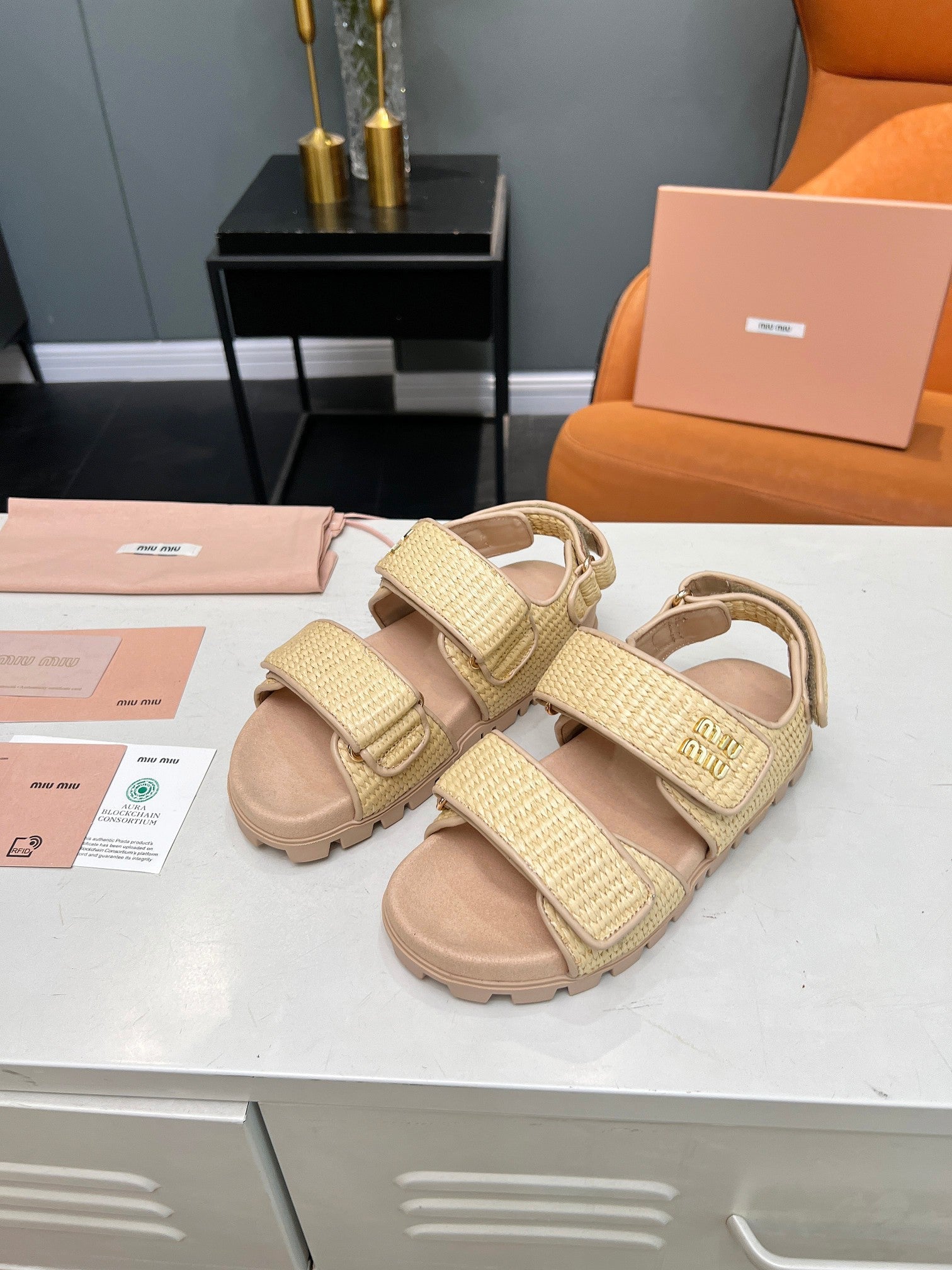 Miumiu 2026 Velcro Sandals Raffia Fiber 935597