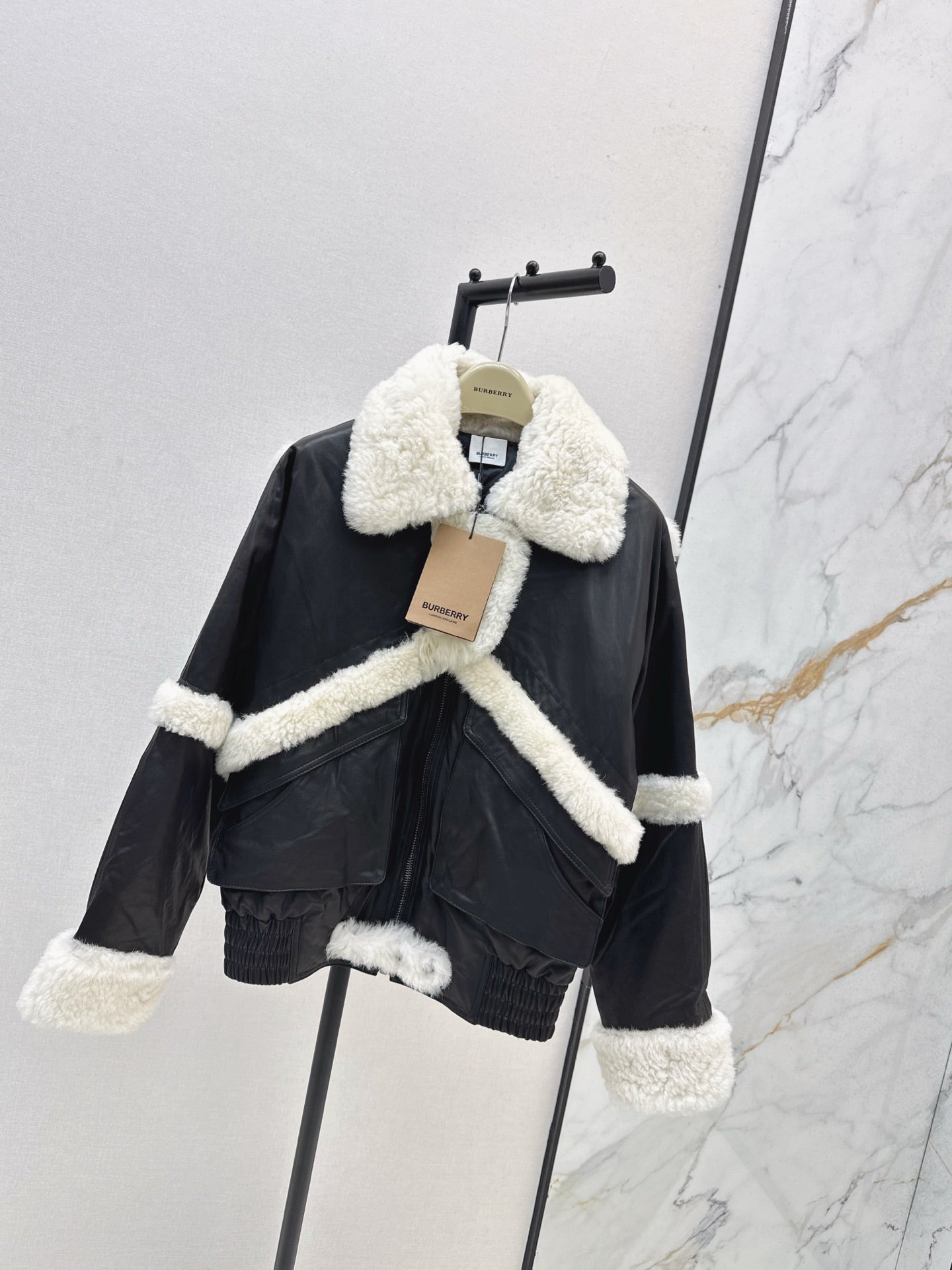 Burberry 25 Shearling-trimmed Bomber Jacket Black White Fur Leather
