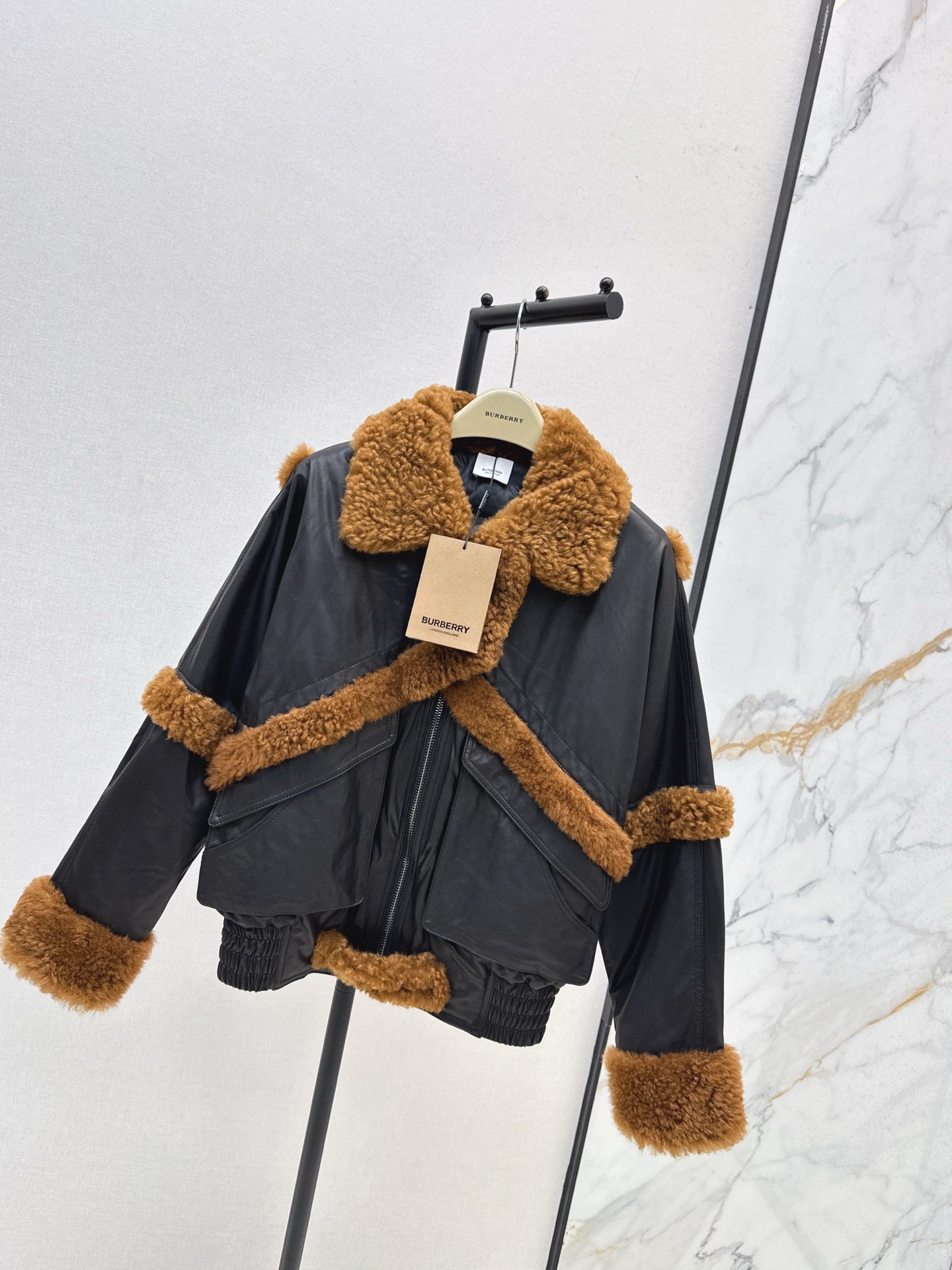 Burberry 25 Shearling-trimmed Bomber Jacket Black Brown Fur Leather
