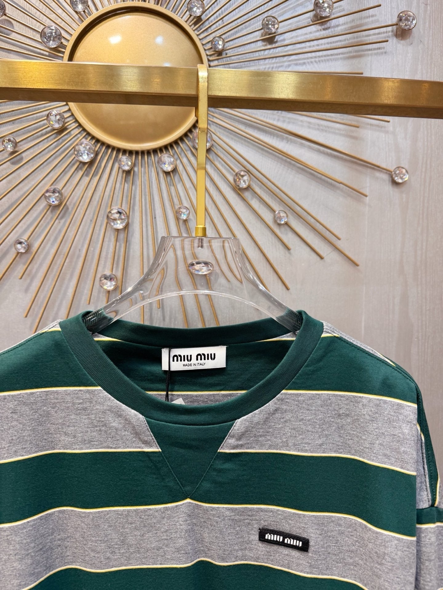 Miumiu 2026 Striped Long-sleeved T-shirt Green mix Gray Cotton