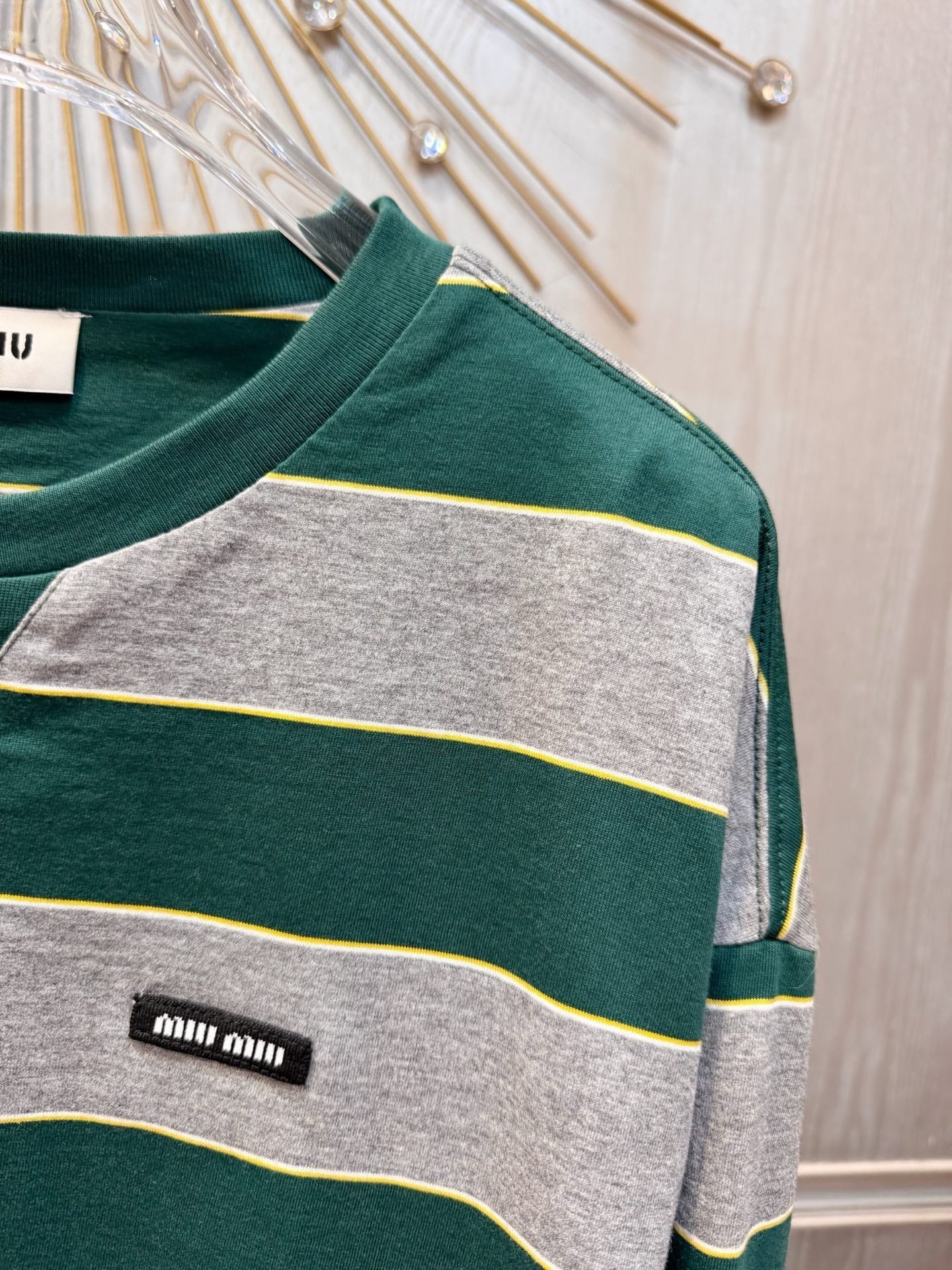 Miumiu 2026 Striped Long-sleeved T-shirt Green mix Gray Cotton