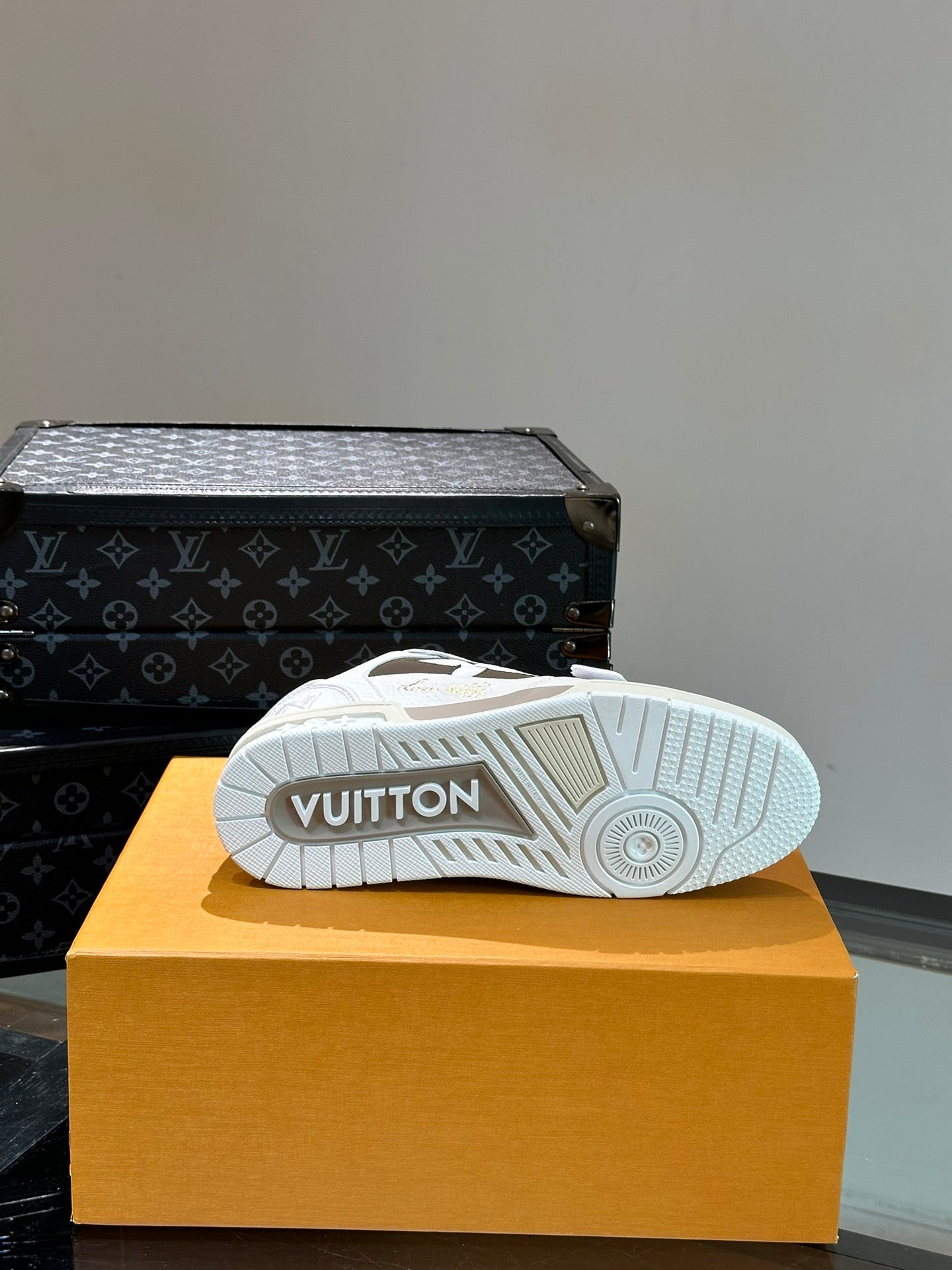 LV TRAINER SNEAKERS IN WHITE CALFSKIN AND MOCHA BROWN SUEDE