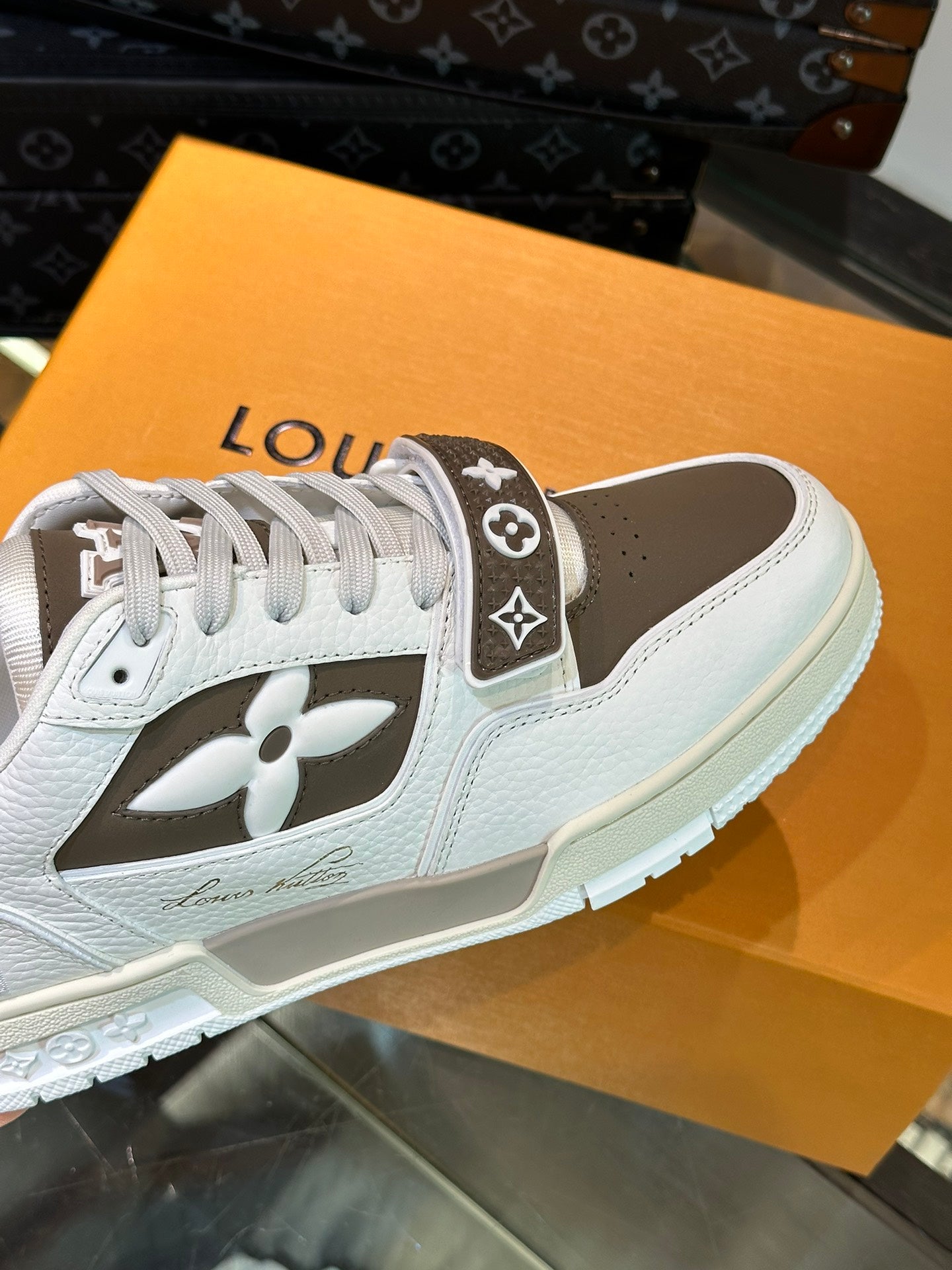 LV TRAINER SNEAKERS IN WHITE CALFSKIN AND MOCHA BROWN SUEDE