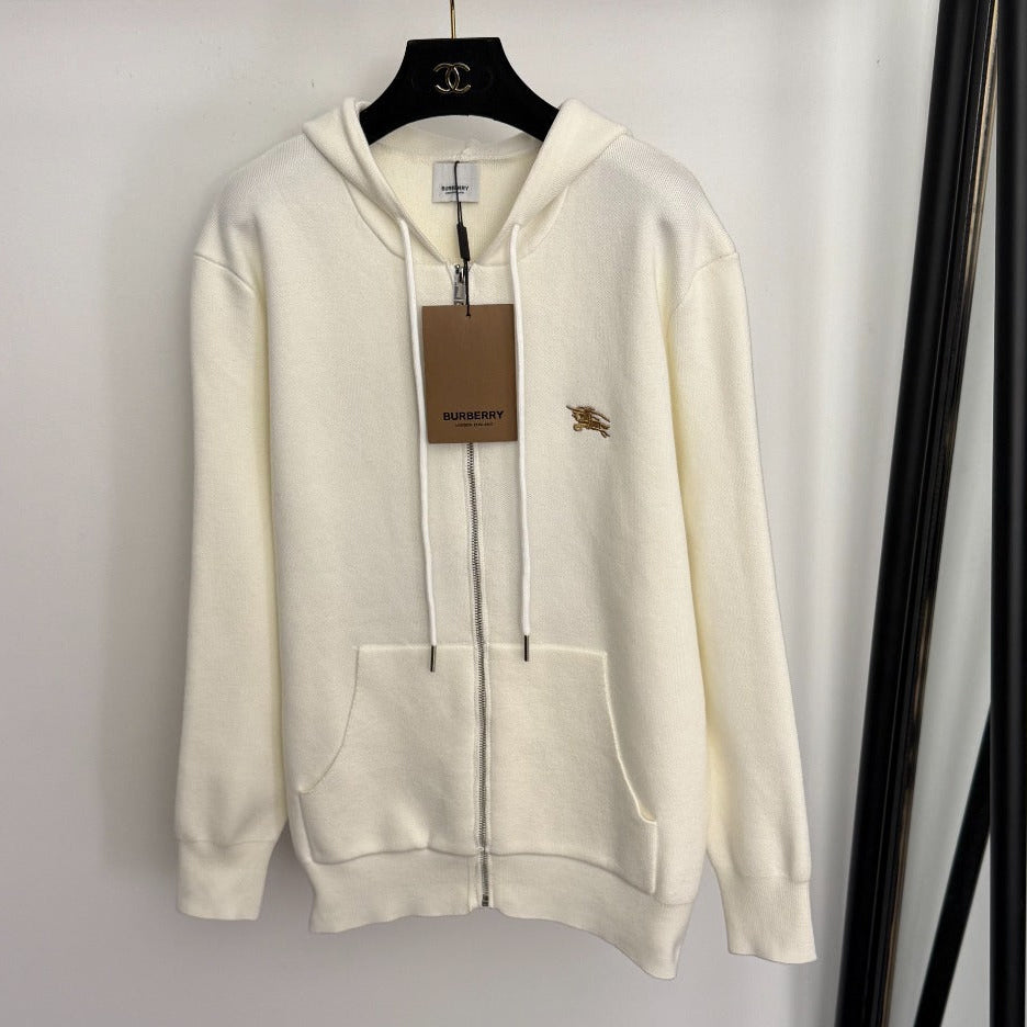 Burberry 25 Zipper-Up Hooded Knit Cardigan Off-white Wool