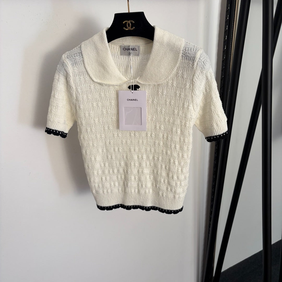Chanel 2026 Pan Collar Knitted Short Sleeve Black Pink White Wool 120314