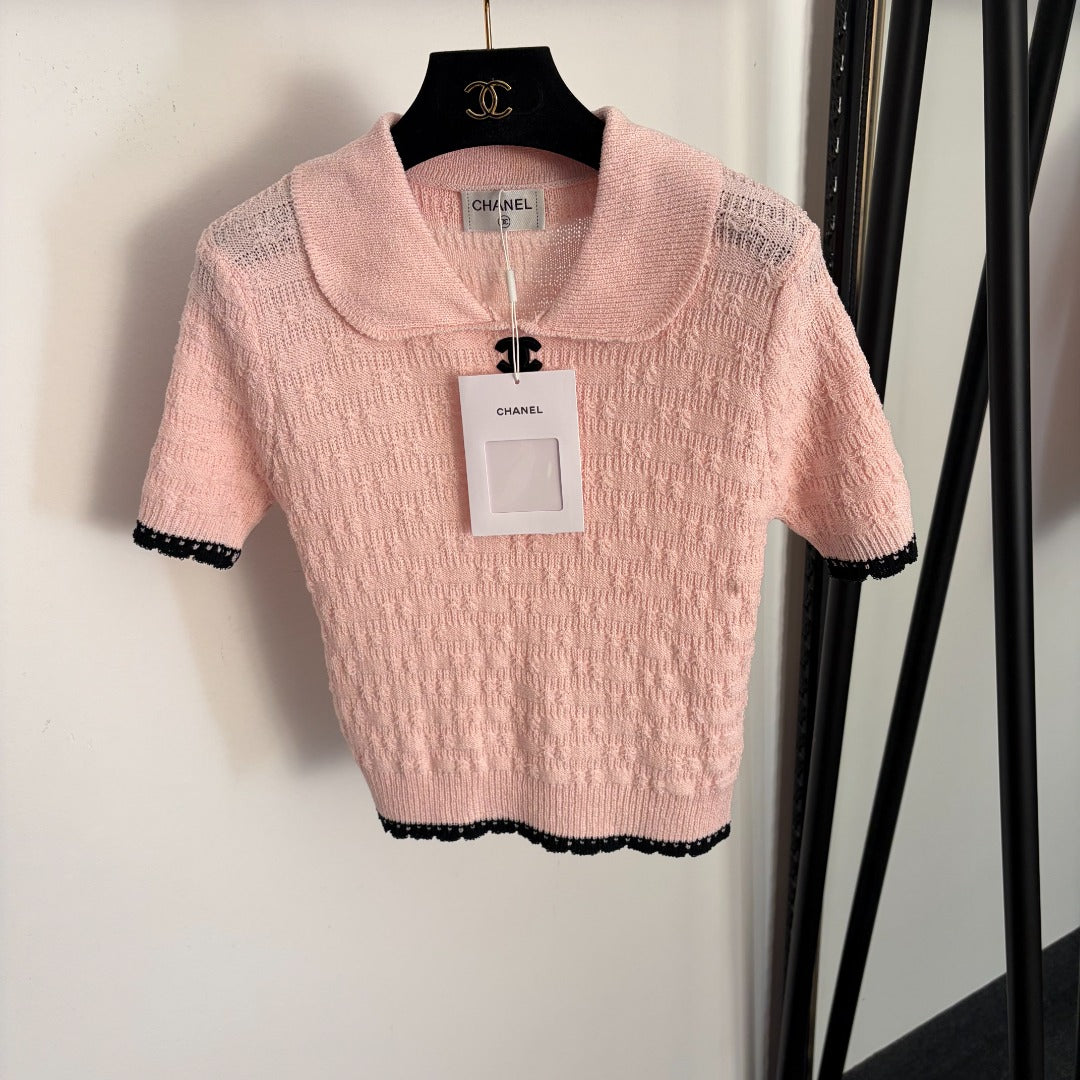 Chanel 2026 Pan Collar Knitted Short Sleeve Black Pink White Wool 120314