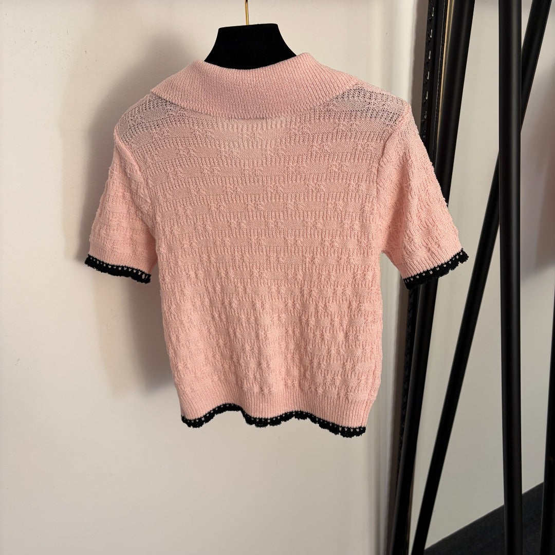Chanel 2026 Pan Collar Knitted Short Sleeve Black Pink White Wool 120314