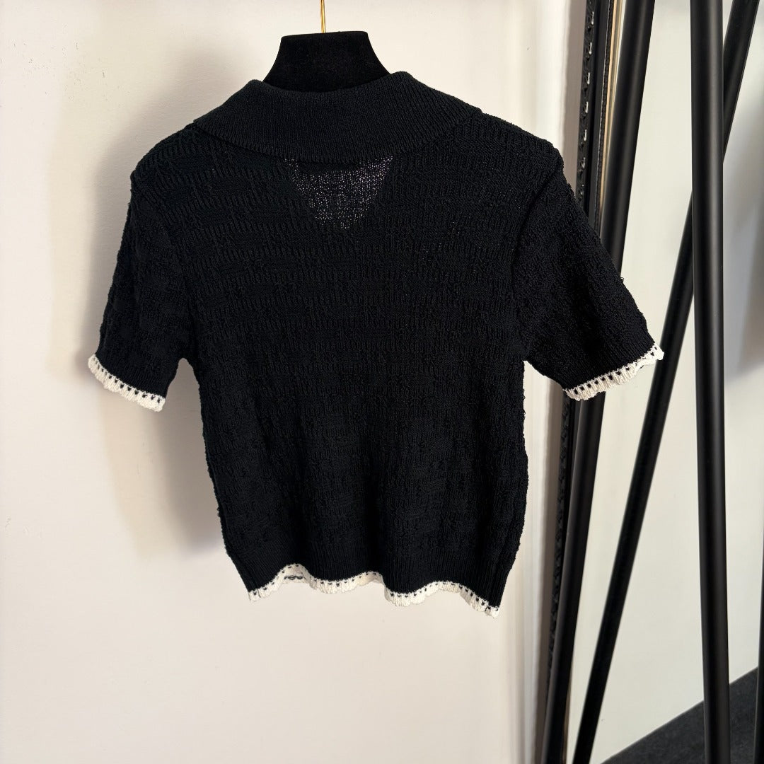 Chanel 2026 Pan Collar Knitted Short Sleeve Black Pink White Wool 120314
