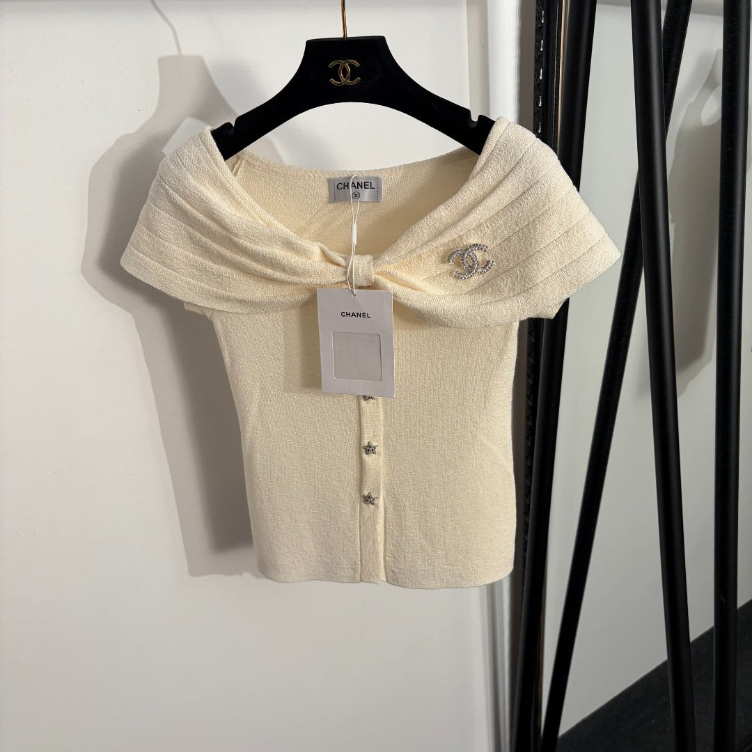 Chanel 2026 Off-Shoulder Short-Sleeve Knit Top 294094