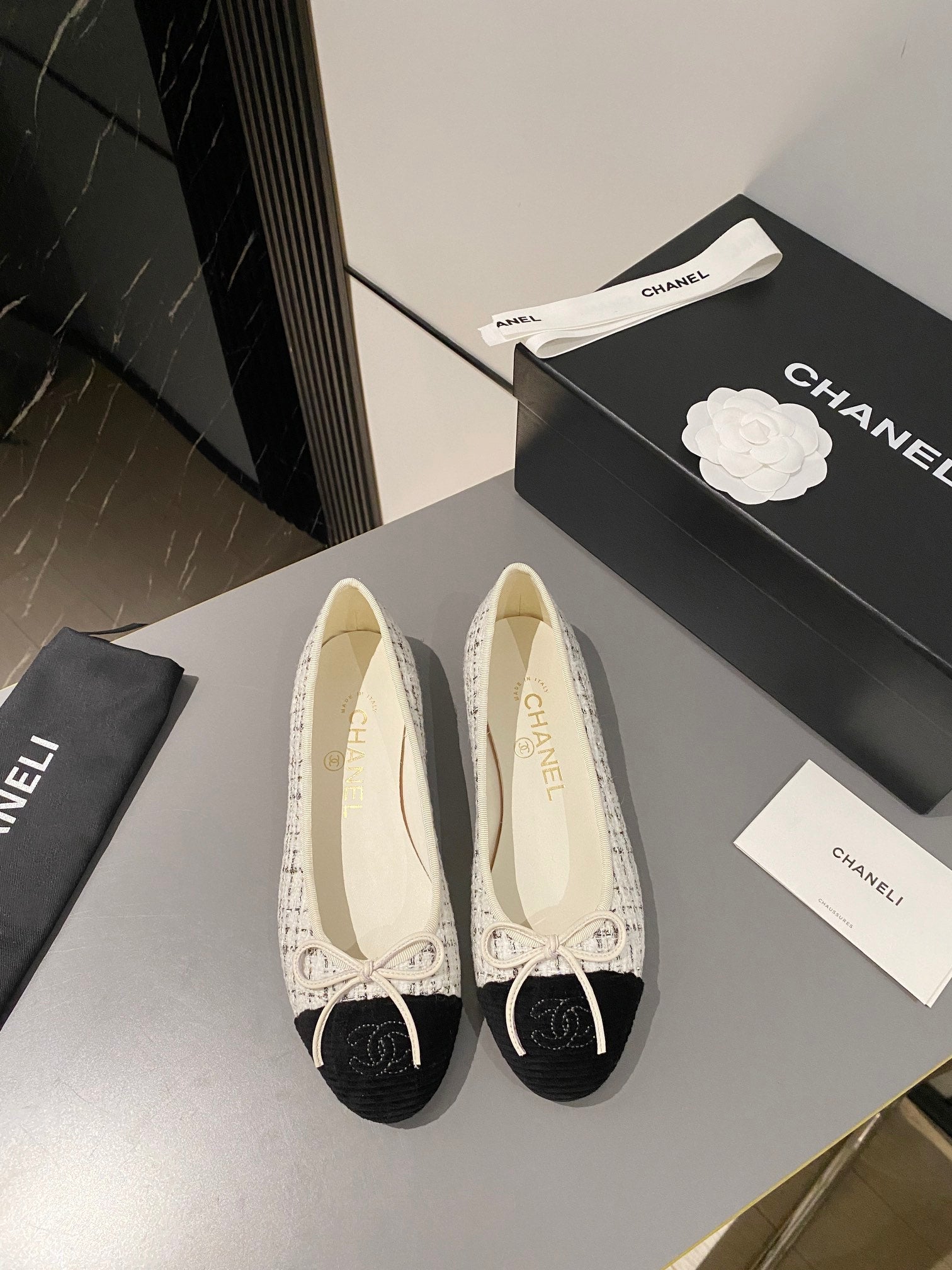 ballet flat white brown tweed black velvet