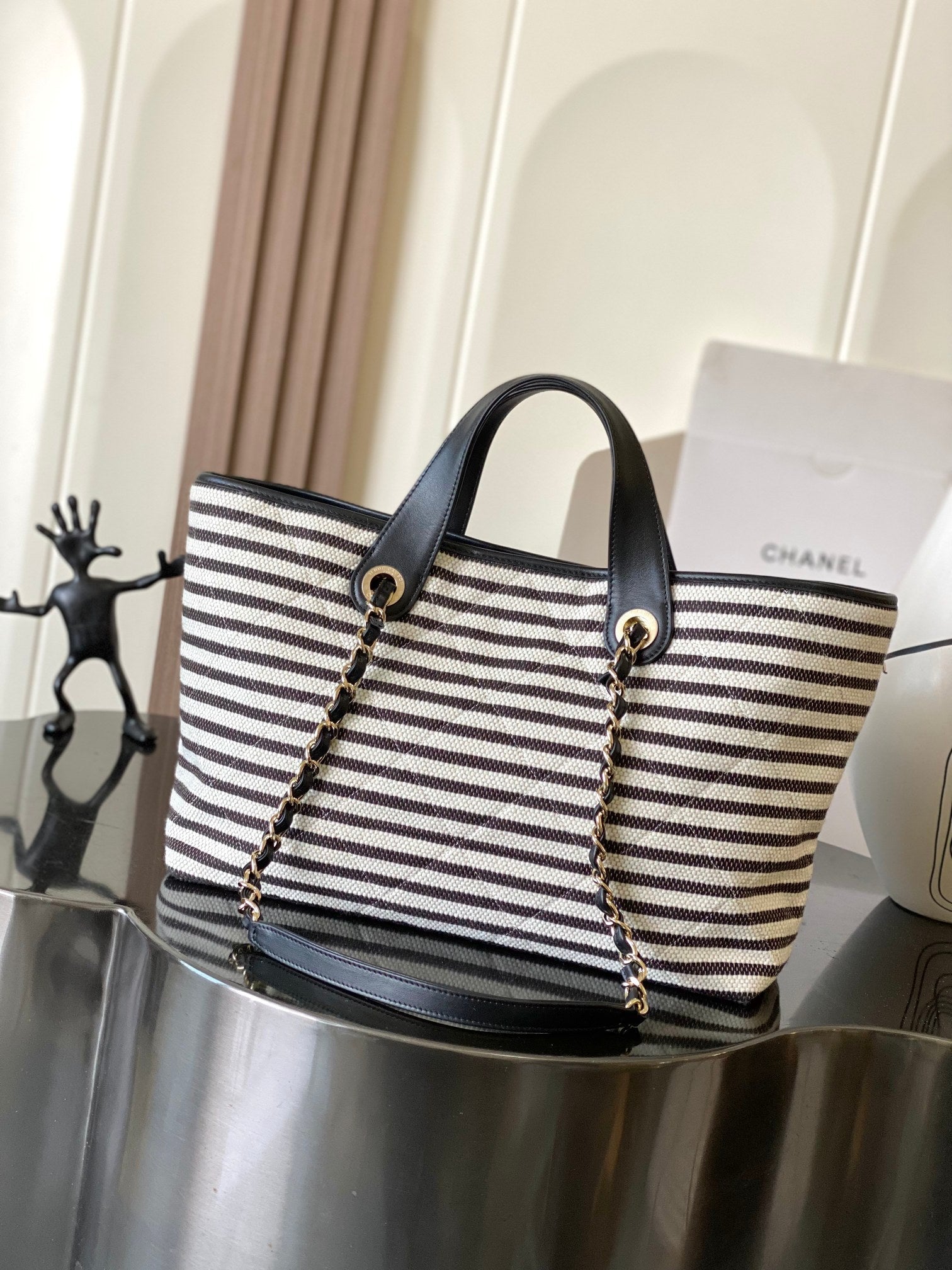 Chanel 2026 Deauville Tote Bag 46cm Black mix White Canvas Leather 331127