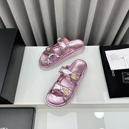 dad sandals pink metalic lambskin mules