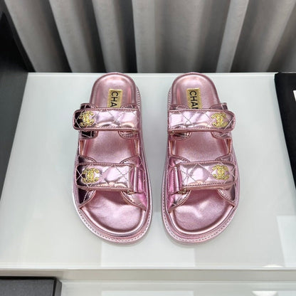dad sandals pink metalic lambskin mules
