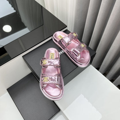dad sandals pink metalic lambskin mules