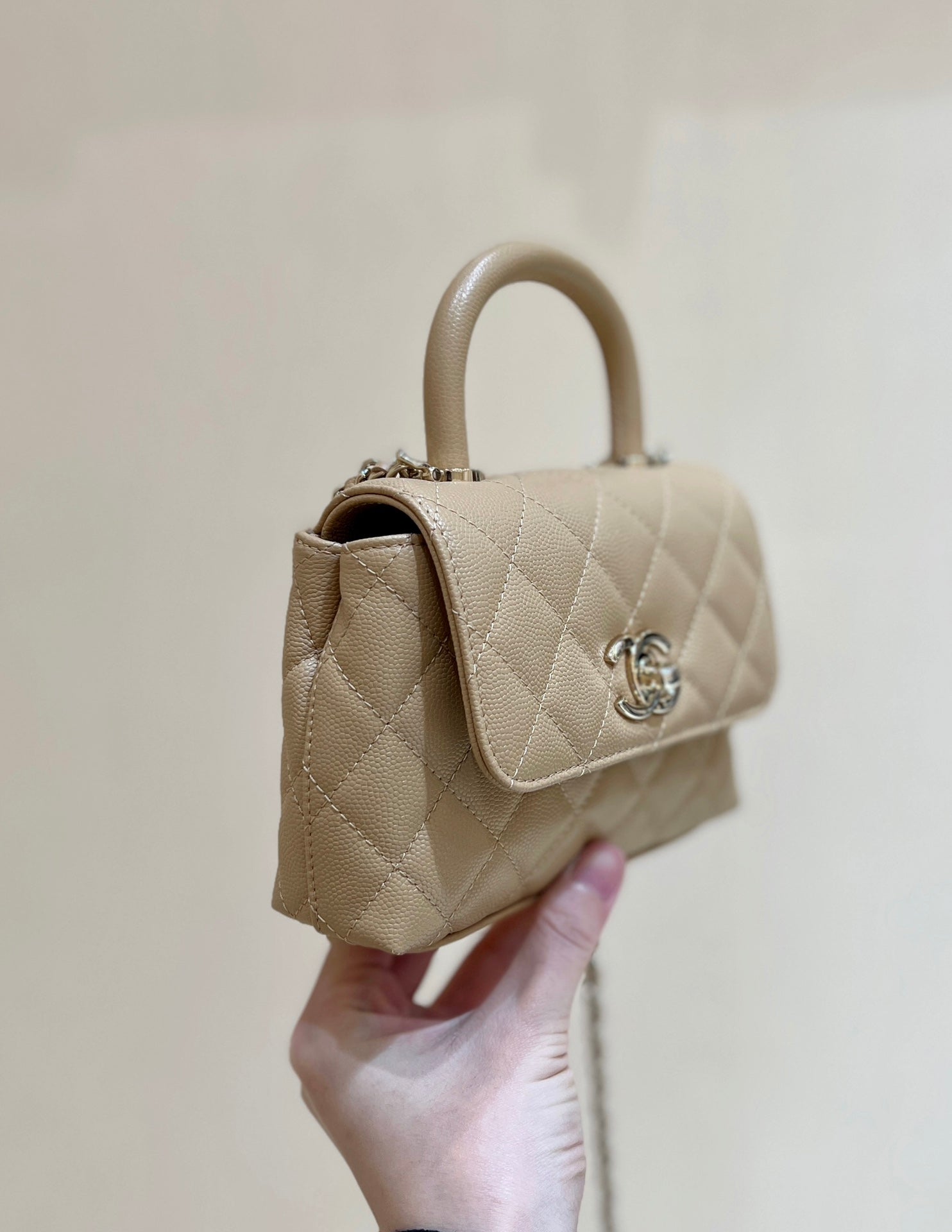 CC 24K Coco Hanle Nano 18cm Beige Grained Calfskin Gold Hardware