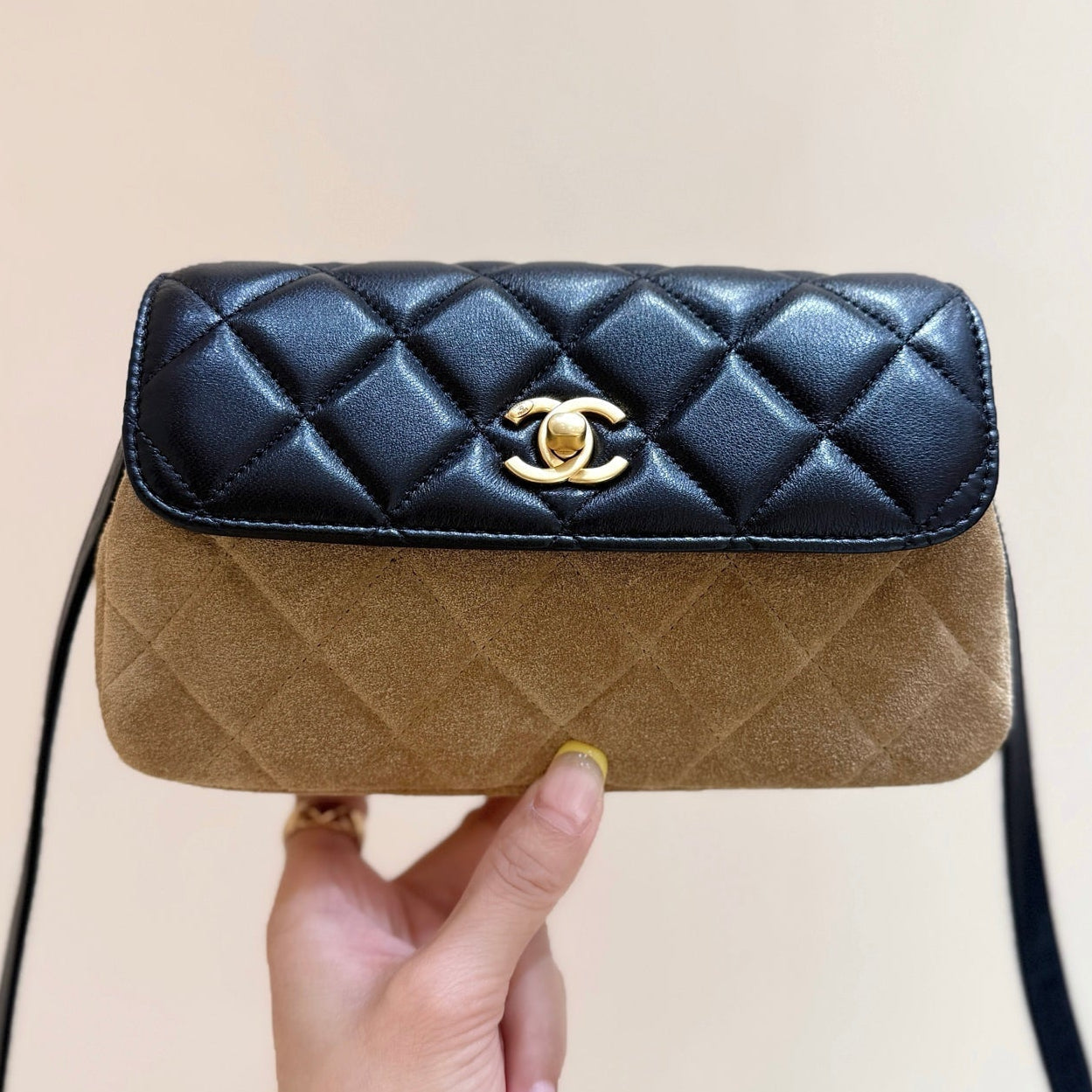 Chanel 2025 Block Flap Bag 20cm Black Beige Lambskin Suede 343043