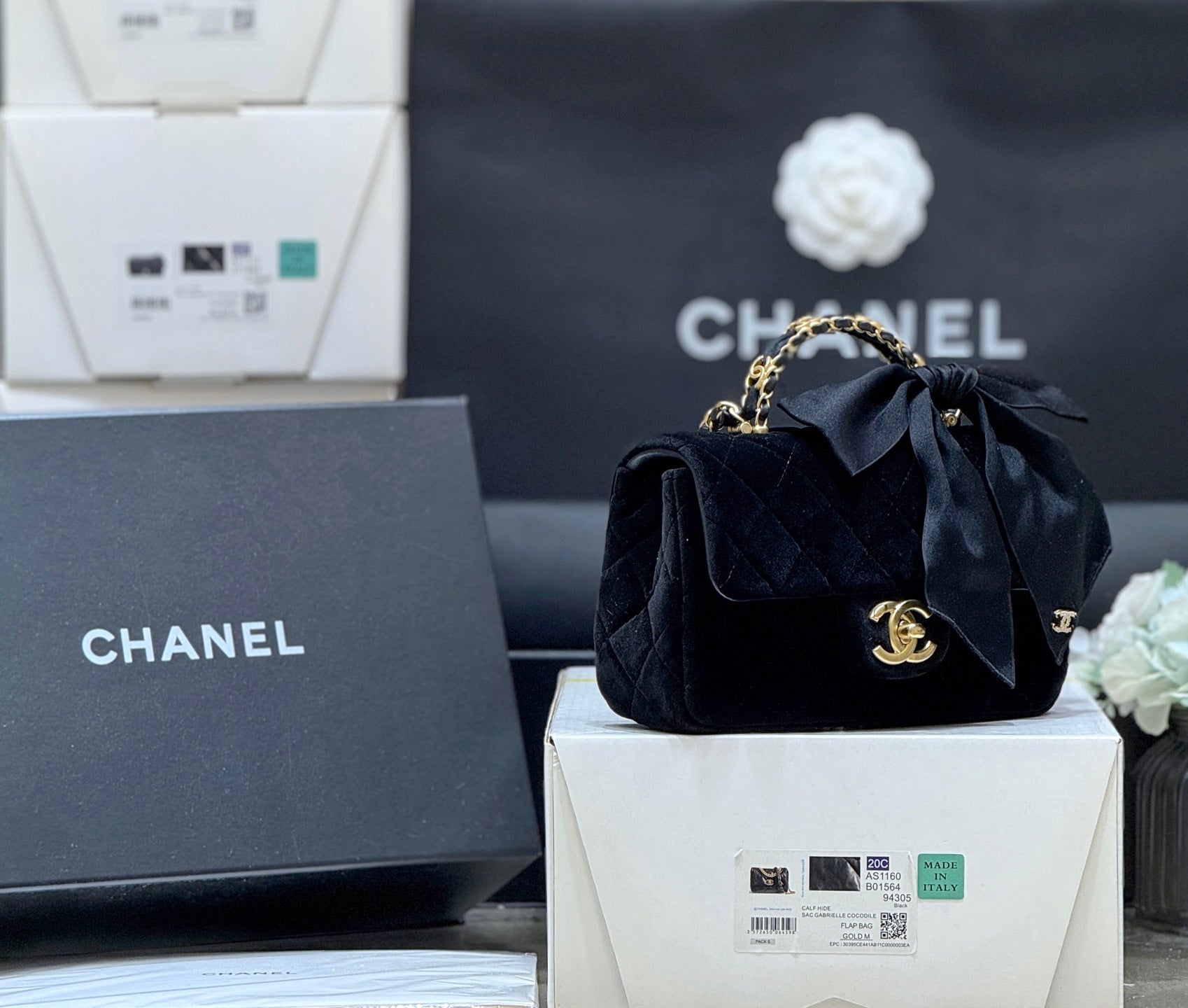 Chanel 2025 Flap Bag With Bow 20cm Black Velvet 345991