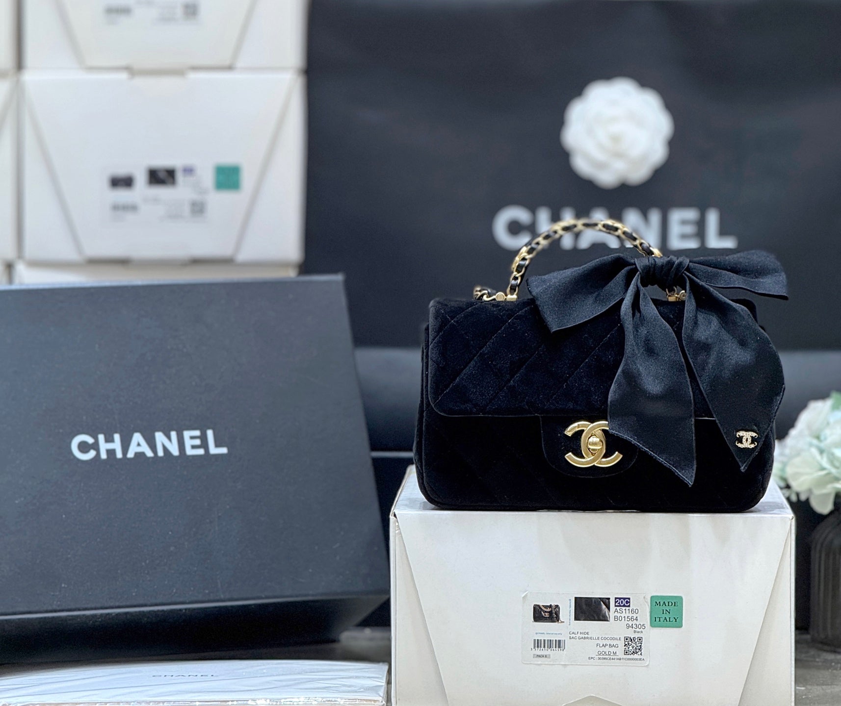Chanel 2025 Flap Bag With Bow 20cm Black Velvet 345991
