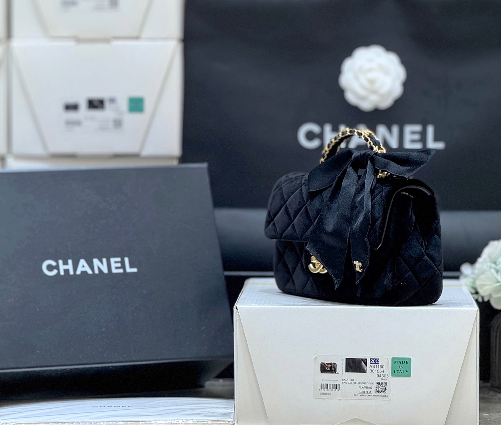 Chanel 2025 Flap Bag With Bow 20cm Black Velvet 345991