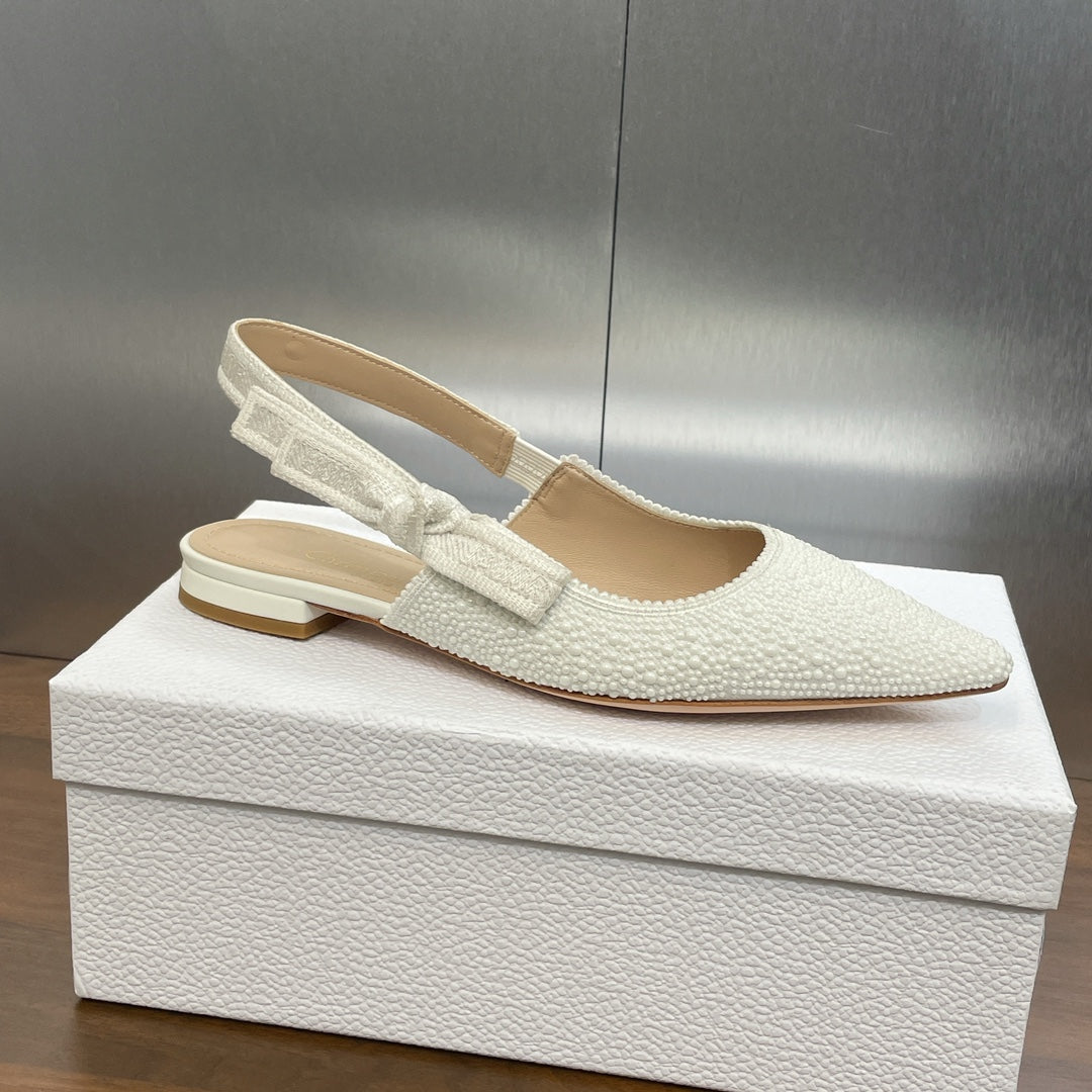 cd slingback flat embroidered cotton white calfskin resin pearl