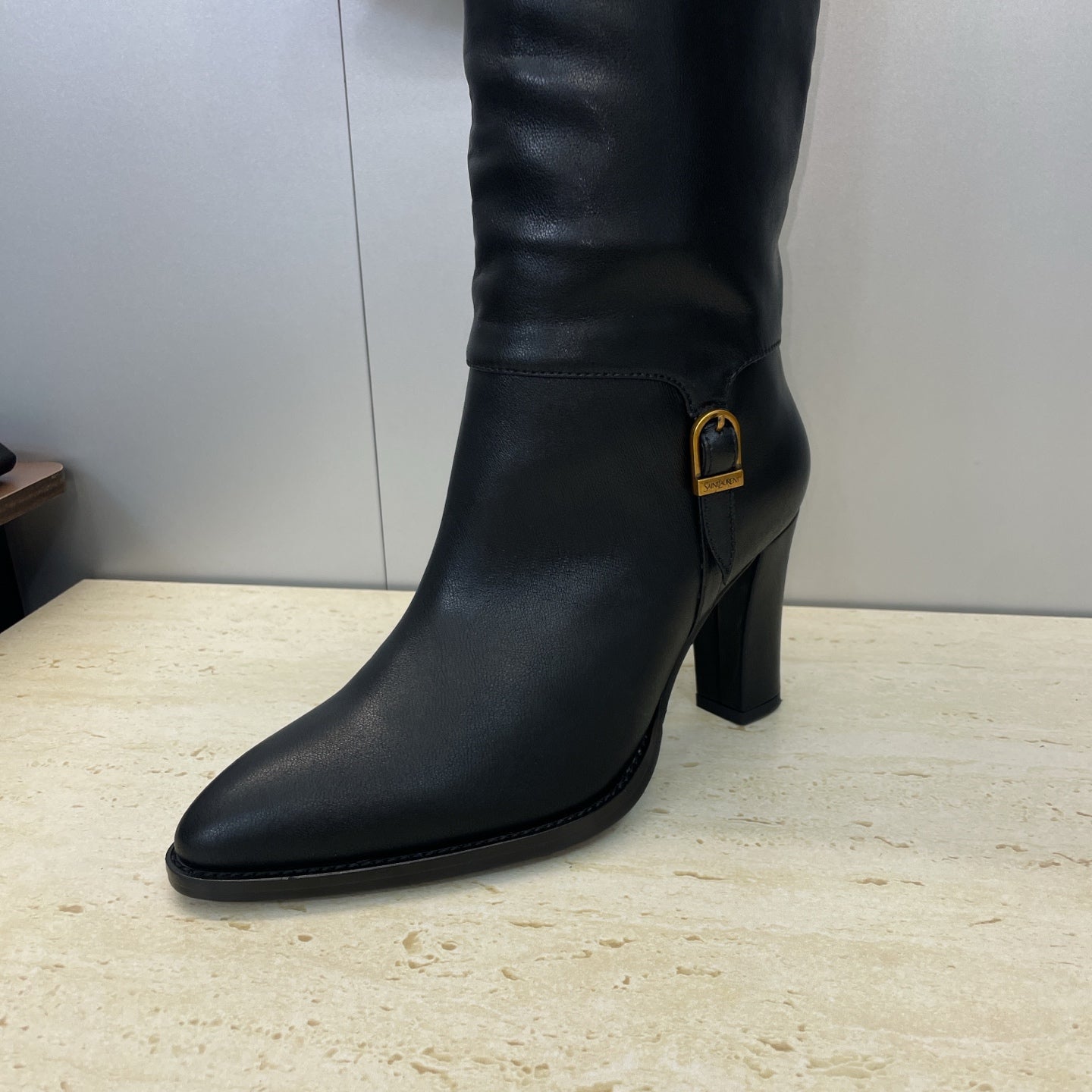 YSL 2025  High-Heeled Pointed-Toe Knee-High Rider Boot Black Calfskin 574018