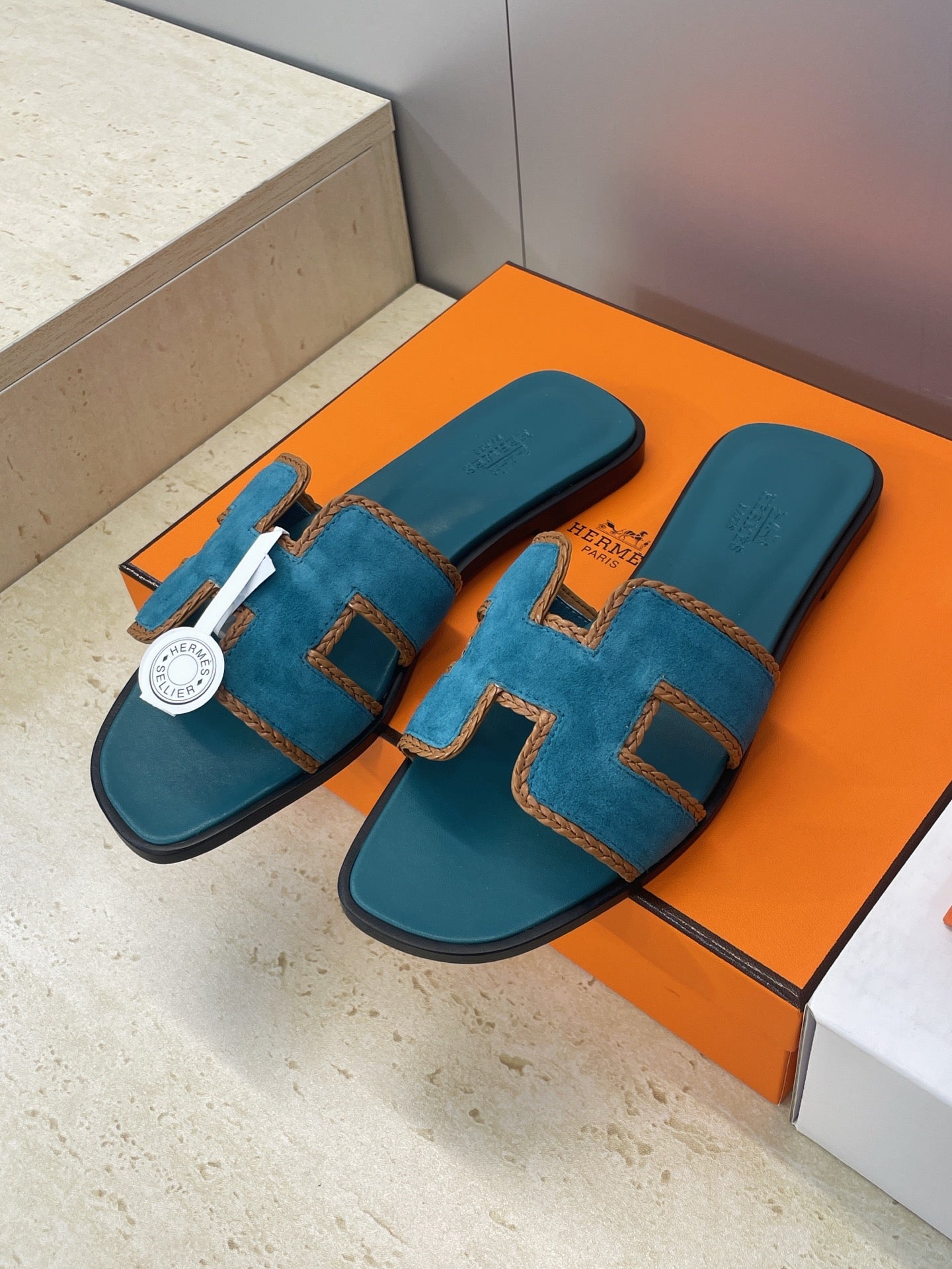 HM 26ss Oran Sandals Teal Blue Suede Calfskin 607249