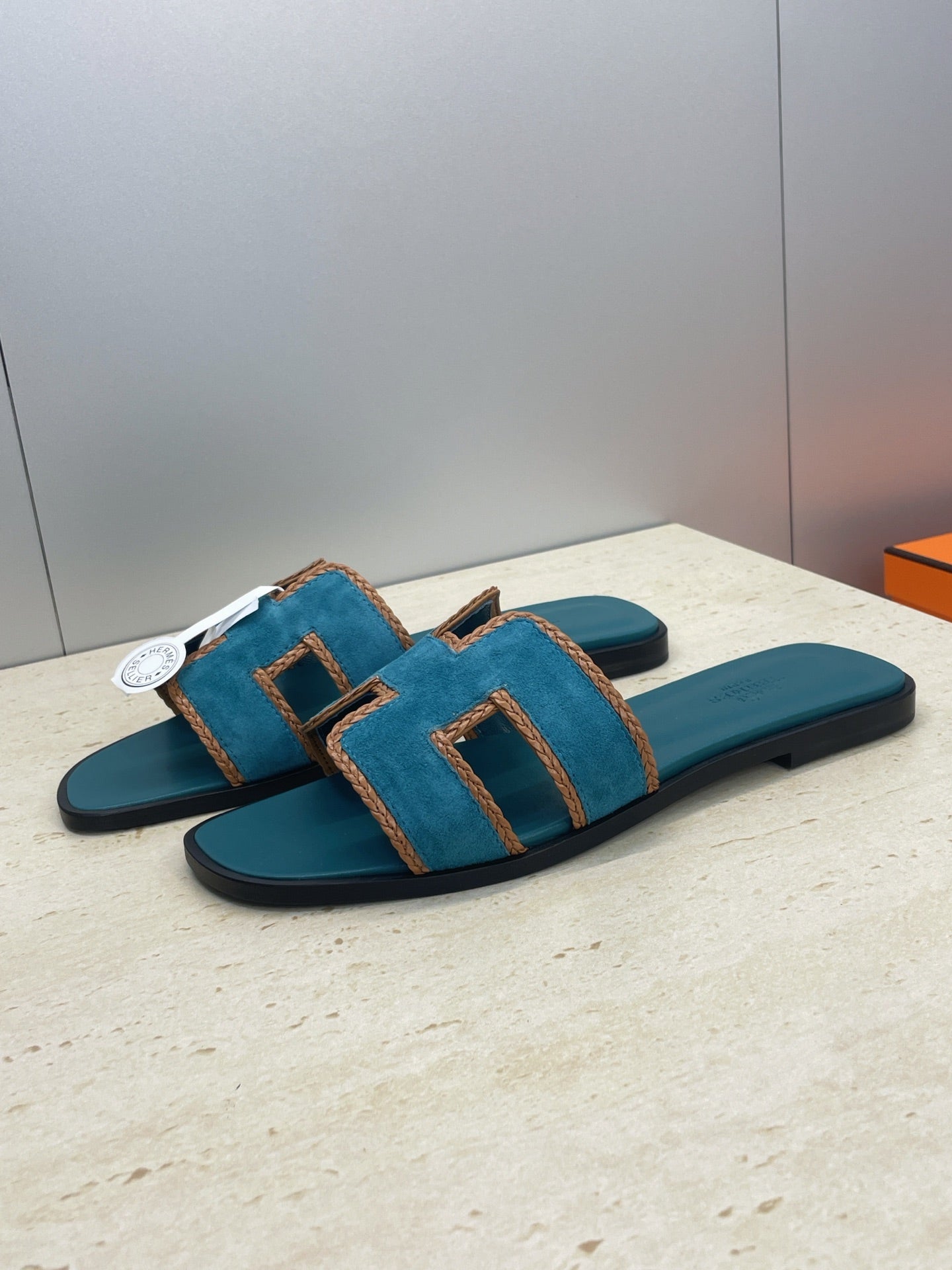 HM 26ss Oran Sandals Teal Blue Suede Calfskin 607249