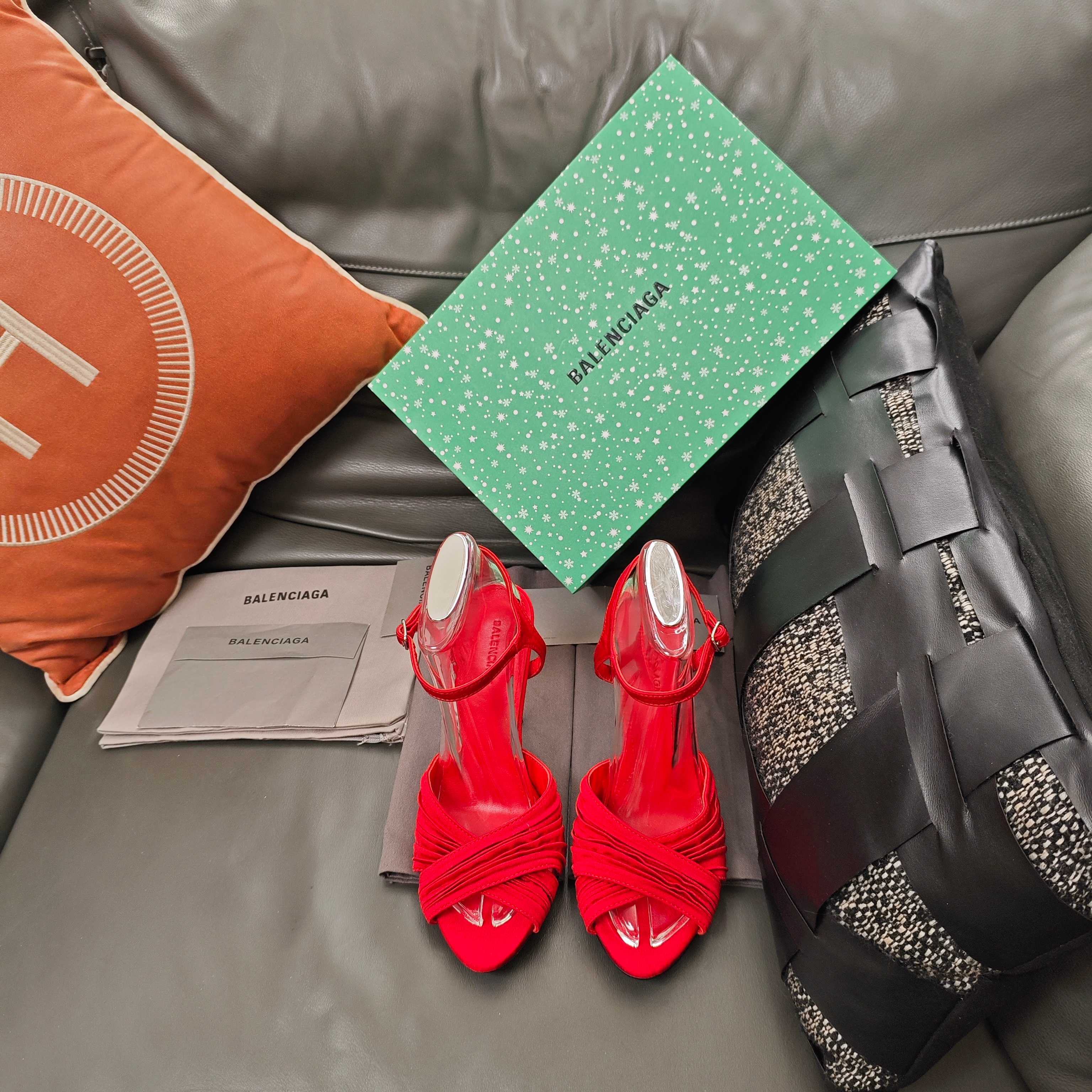 Balenciaga 26s Peep-Toe Sandals 95 Red Silk Satin Leather 681215