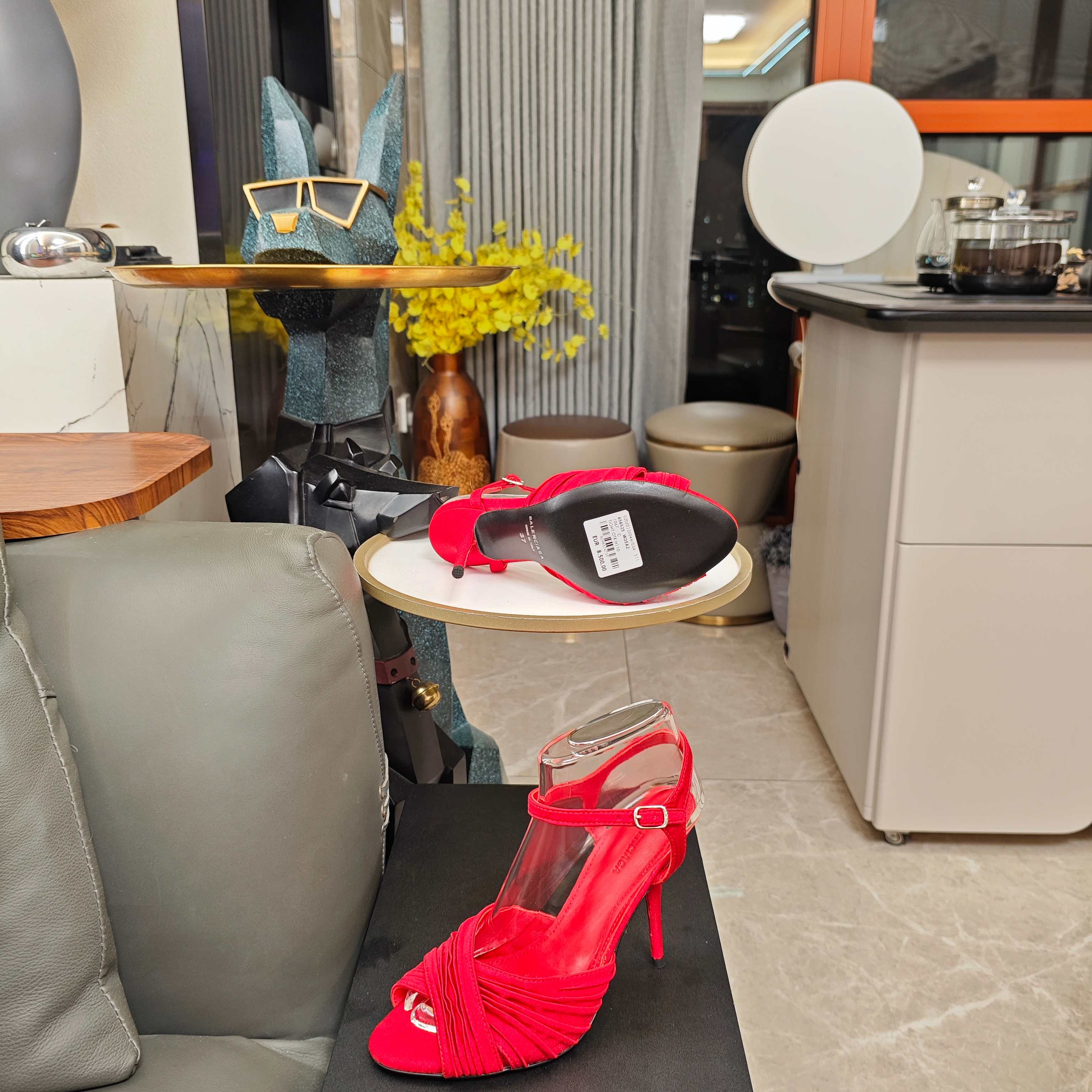 Balenciaga 26s Peep-Toe Sandals 95 Red Silk Satin Leather 681215