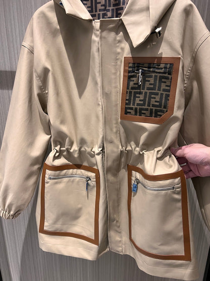 Fendi Hooded Windbreaker Jacket Beige Cotton