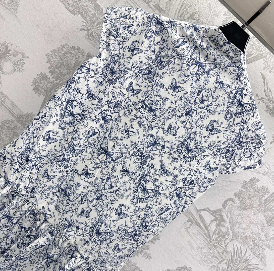 CD Short Dress White Cotton Muslin with Blue Butterfly Motif
